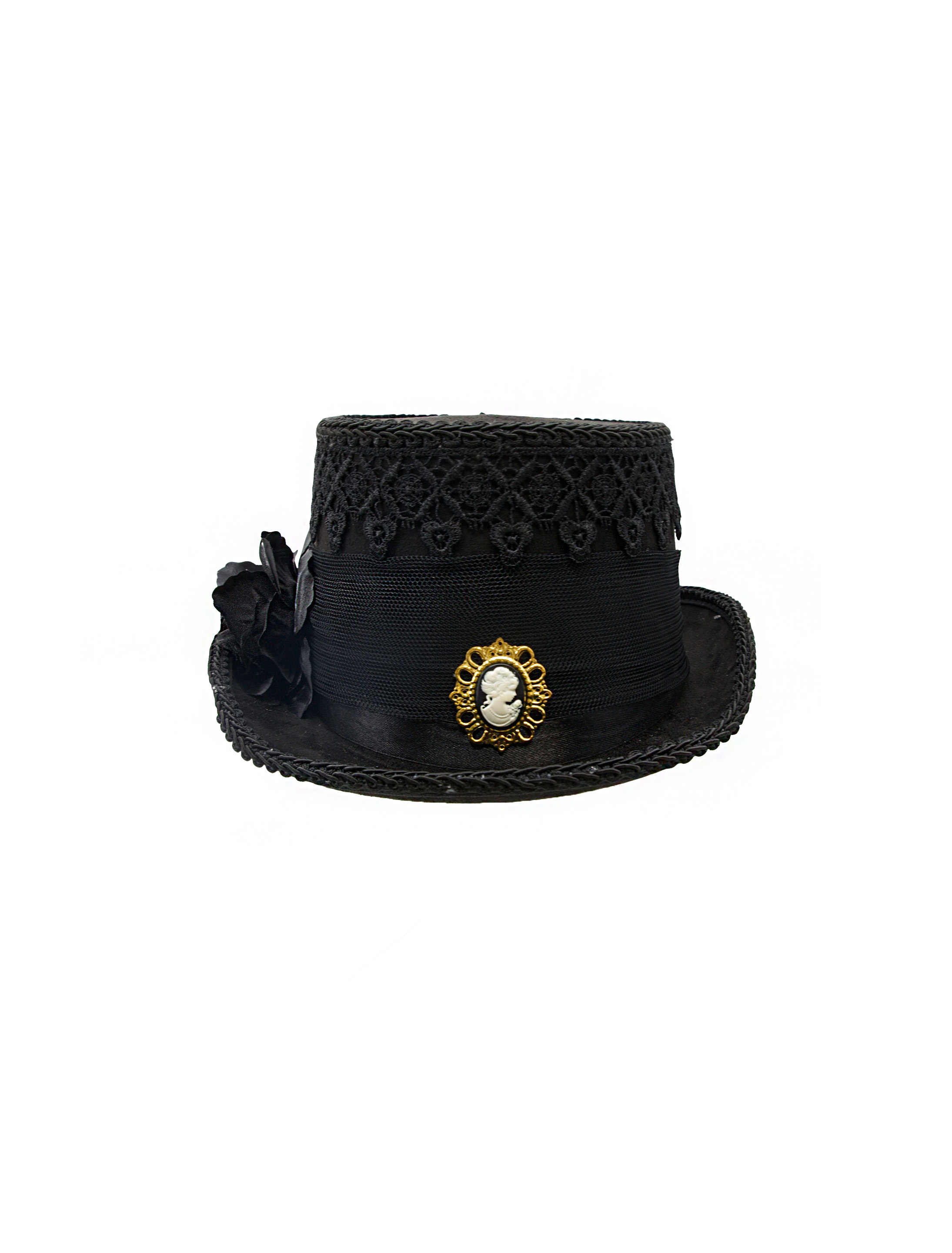 Kostümzubehör Zylinder mit Brosche, Spitze und Tüll Damen schwarz 59