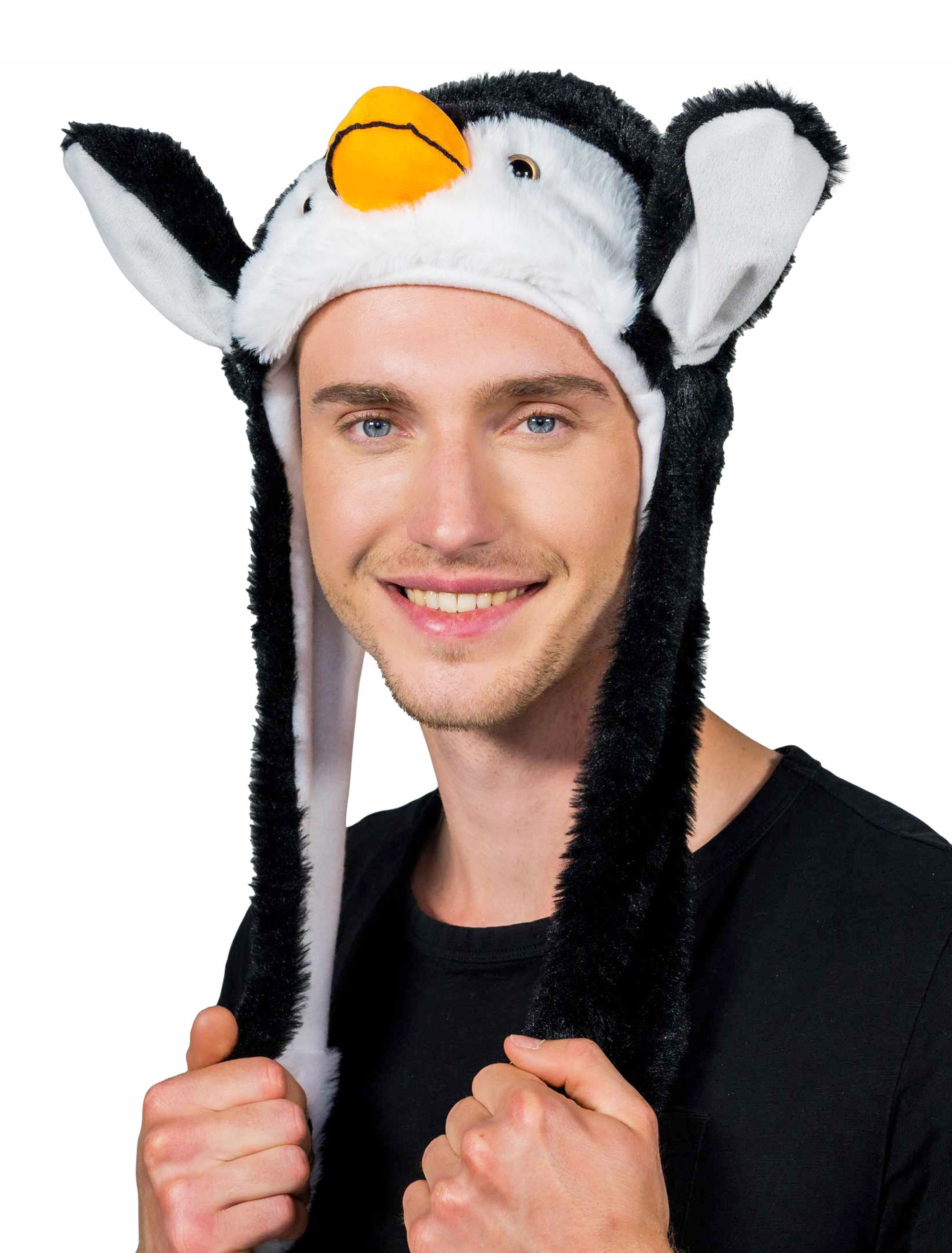 Kostümzubehör Mütze Plüsch Pinguin mit beweglichen Ohren schwarz/weiß