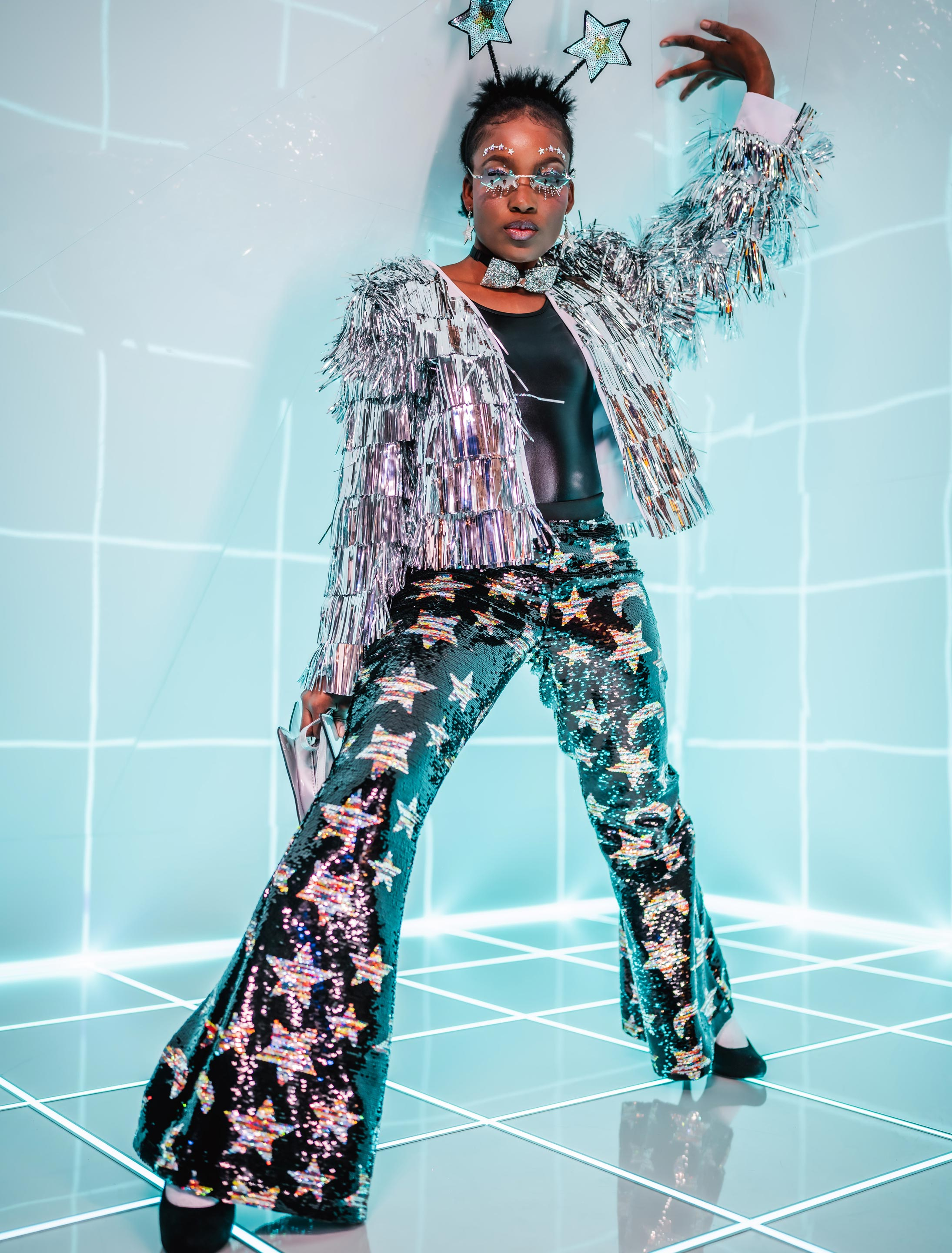 Hose mit Pailletten Mond und Sterne Damen schwarz/silber L