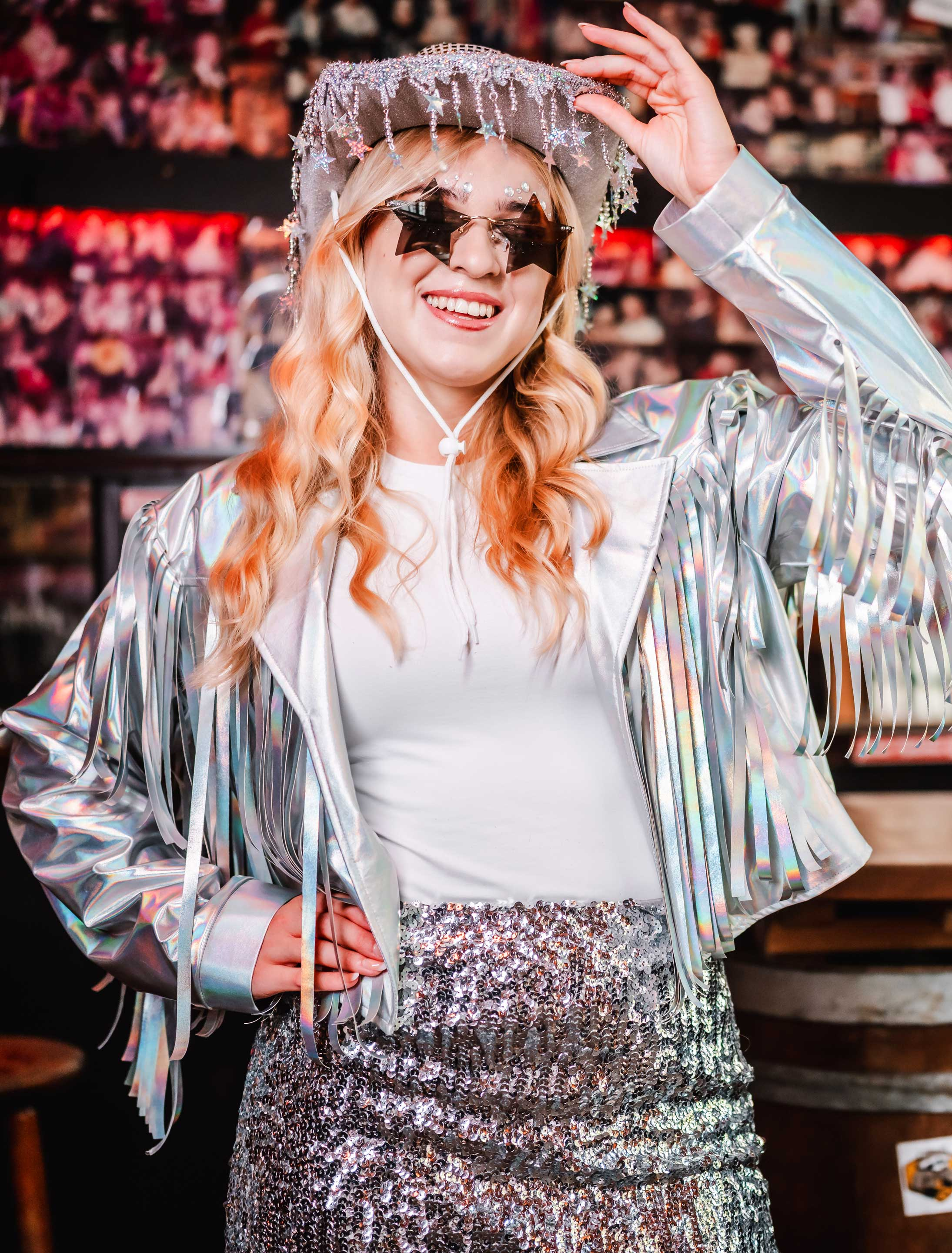 Jacke mit Fransen Metallic Damen silber 2XL