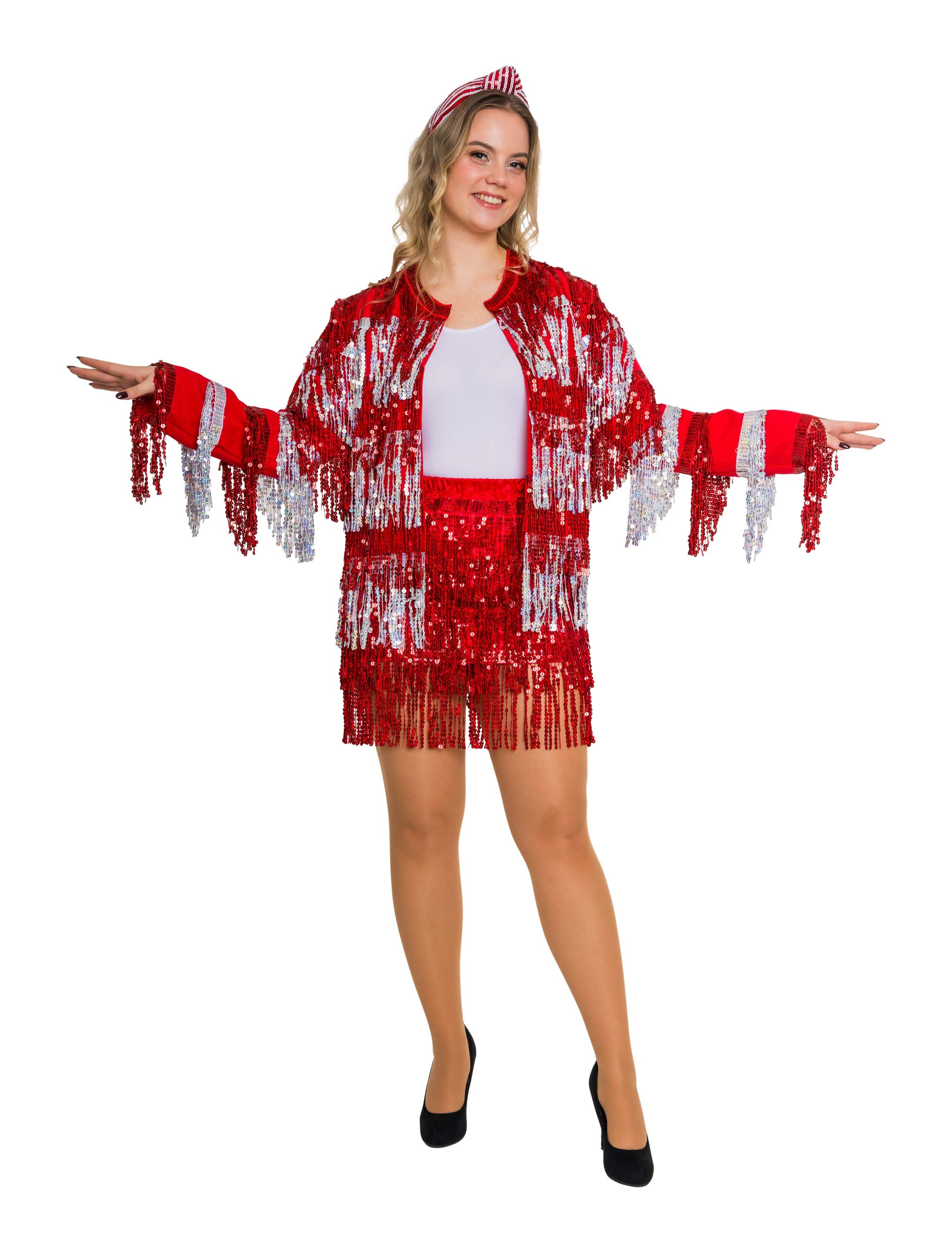 Jacke Paillettenfransen Damen rot/silber L/XL