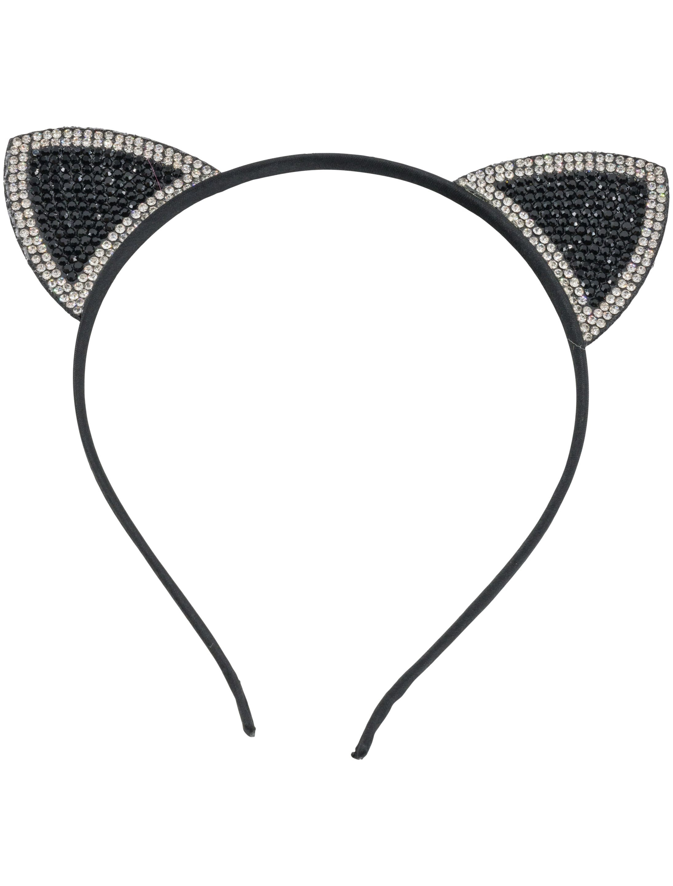 Kostümzubehör Haarreif Katze mit Kristallen schwarz