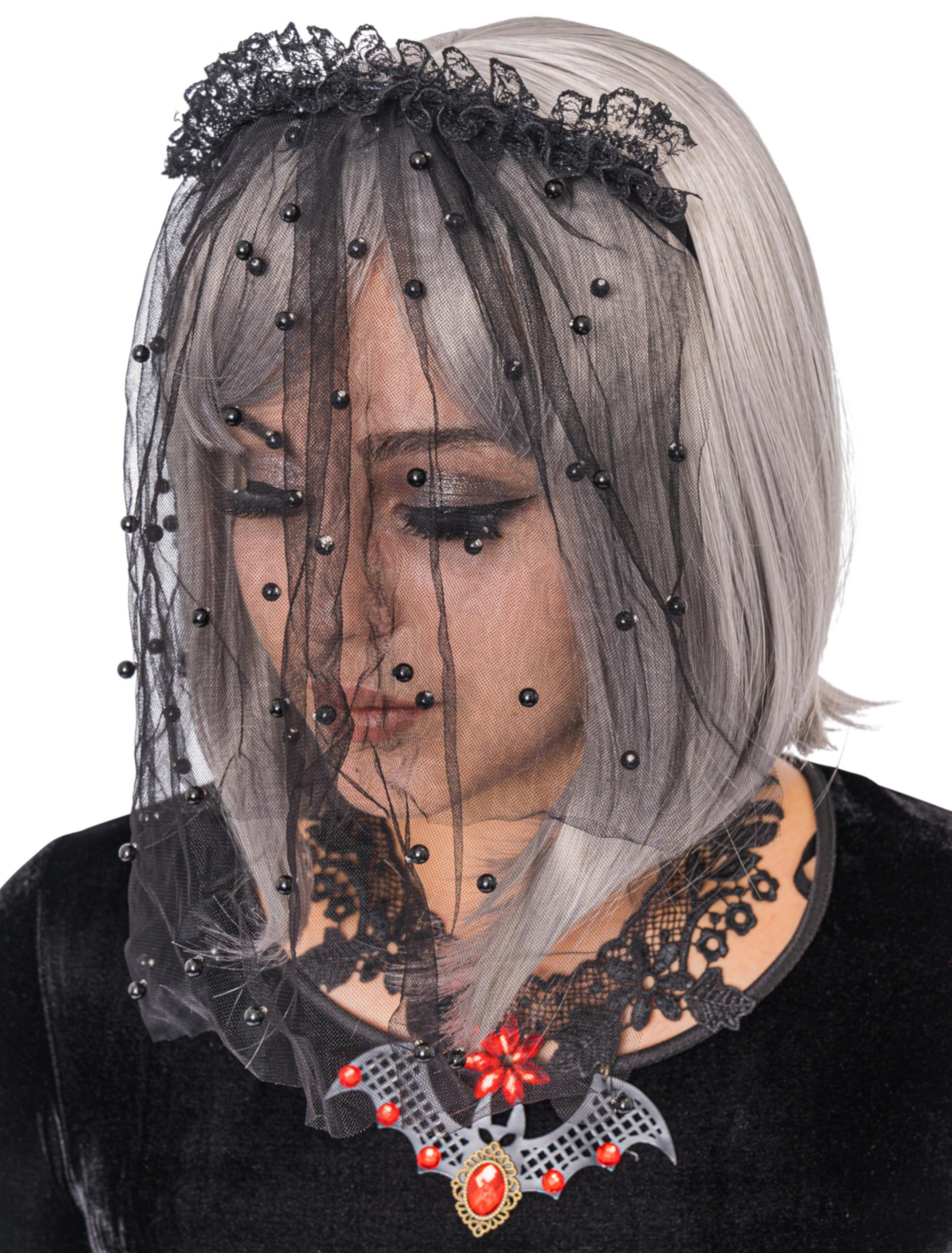 Kostümzubehör Haarreif mit Schleier und Perlen Damen schwarz