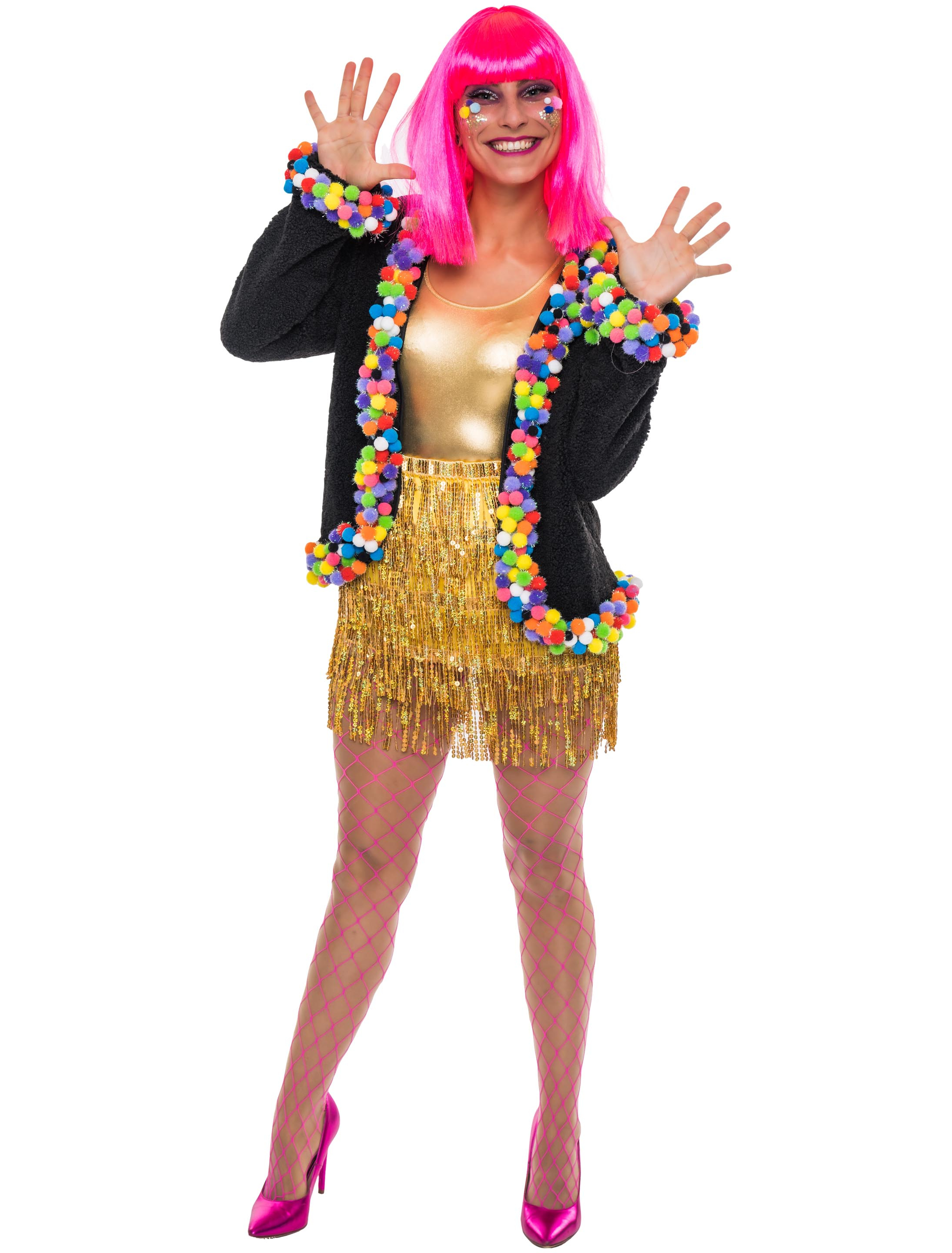 Jacke mit Pompoms Damen bunt L-XL Farbe: bunt