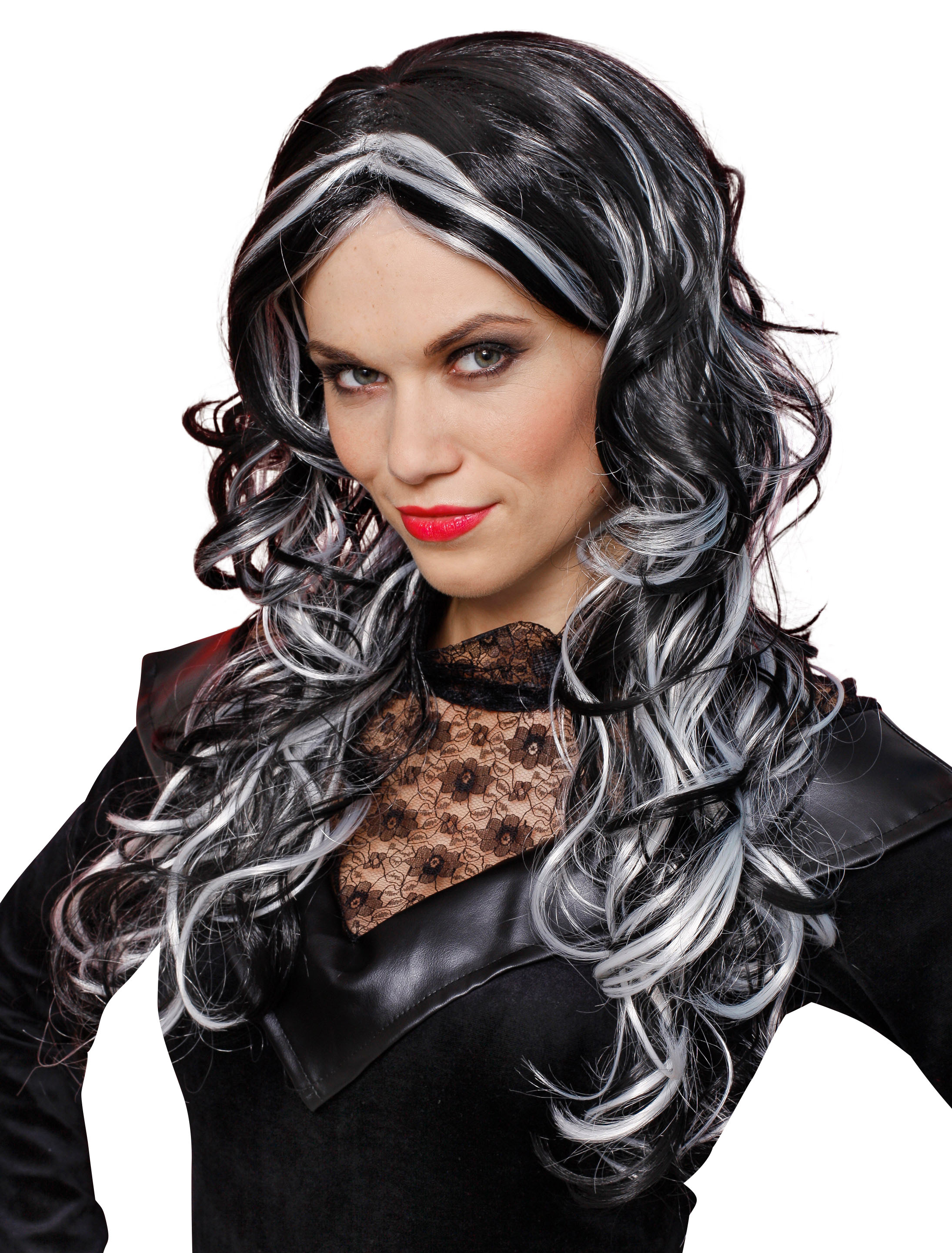 Kostümzubehör Kostümzubehör Perücke lang lockig mit Strähnen schwarz/weiß one size