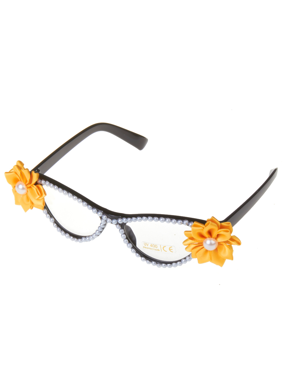 Kostümzubehör Brille mit Blumen und Perlen gelb