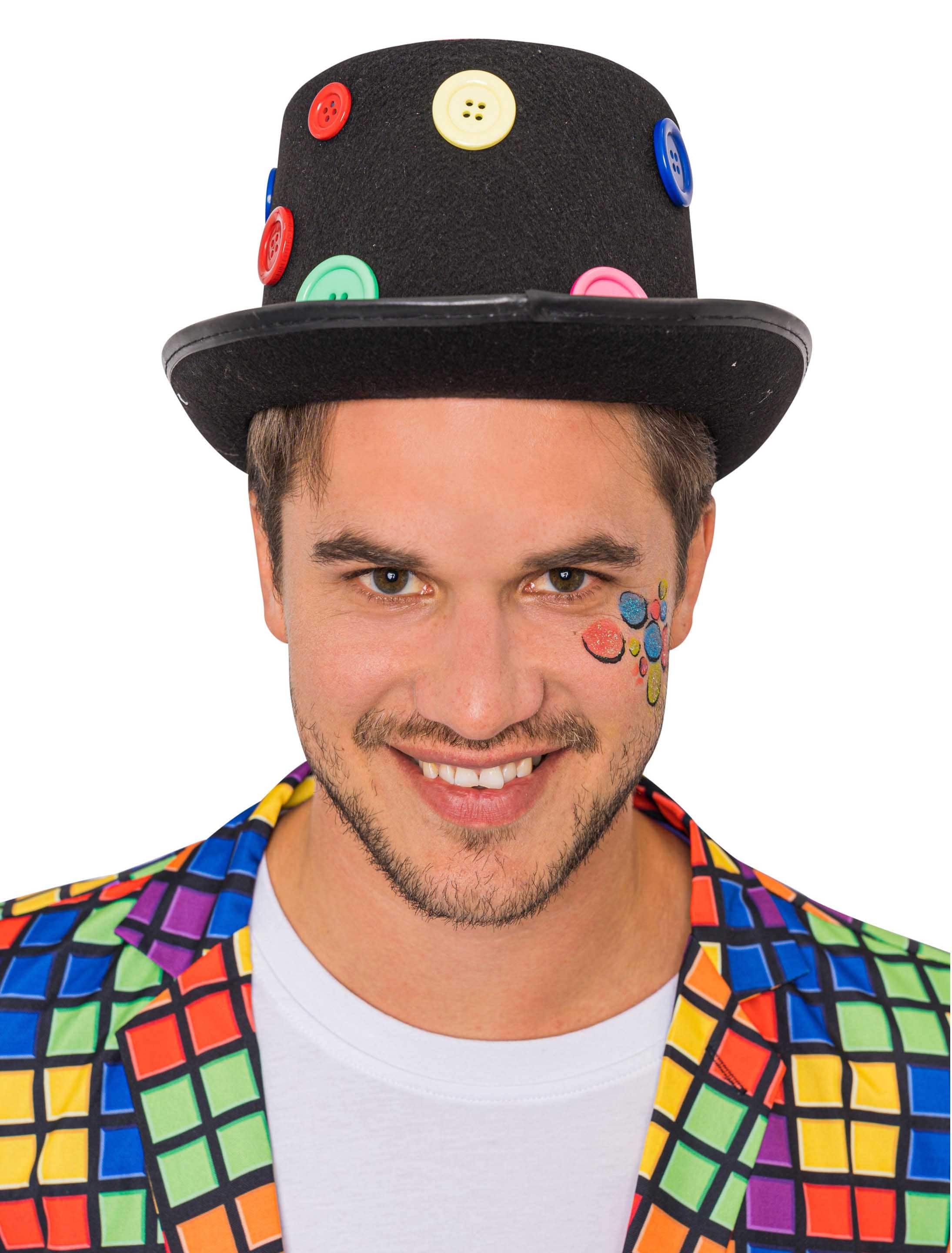 Kostümzubehör Zylinder hoch mit großen bunten Knöpfen Farbe: mehrfarbig