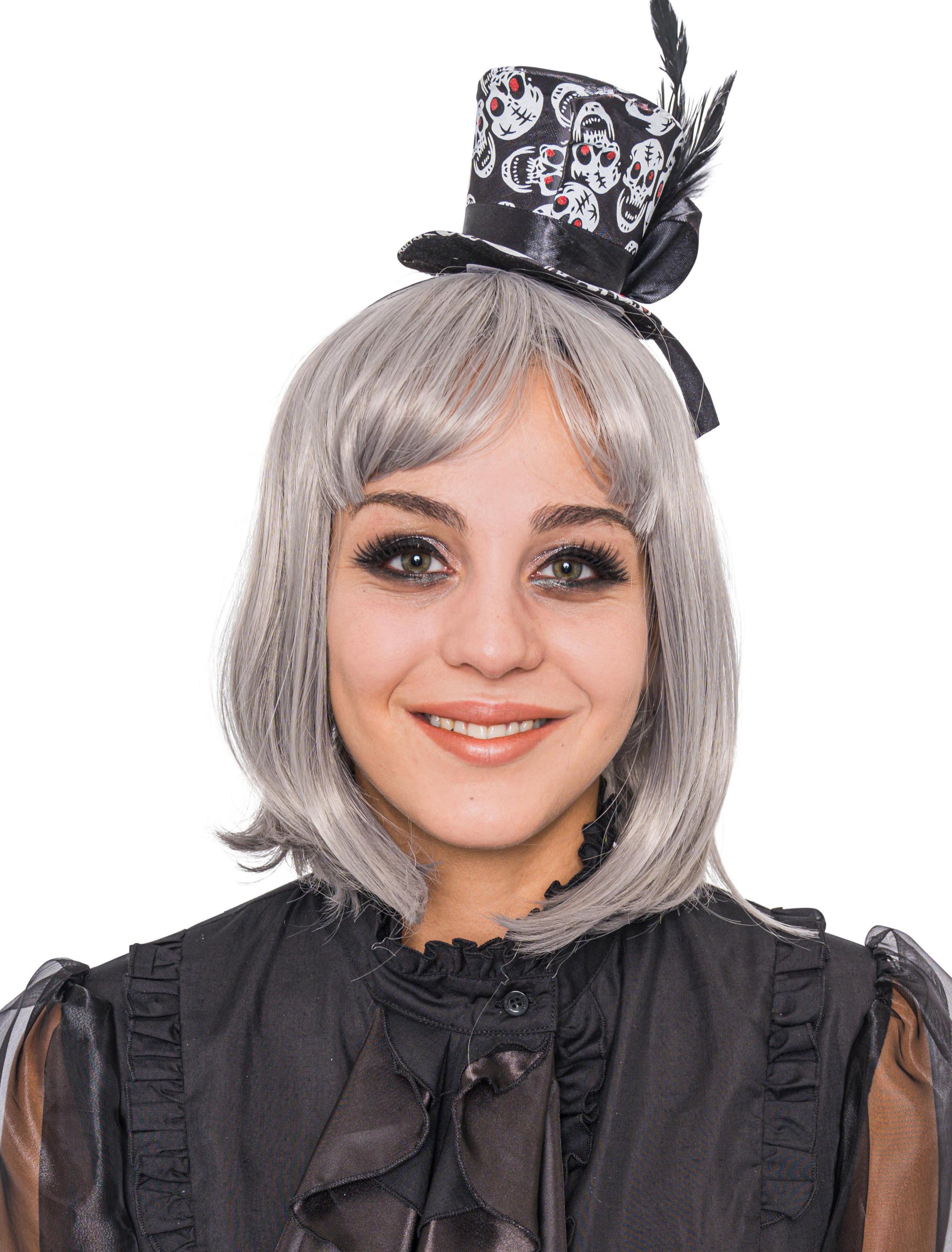 Kostümzubehör Haarreif Mini Zylinder mit Totenkopf Damen schwarz/weiß