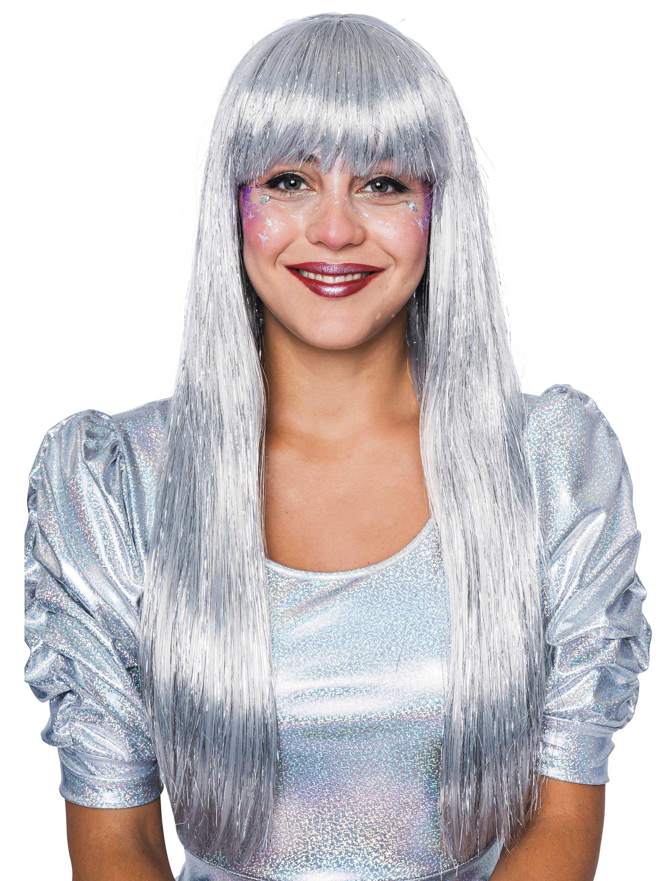 Kostümzubehör Kostümzubehör Perücke Space lang glatt Pony silber one size