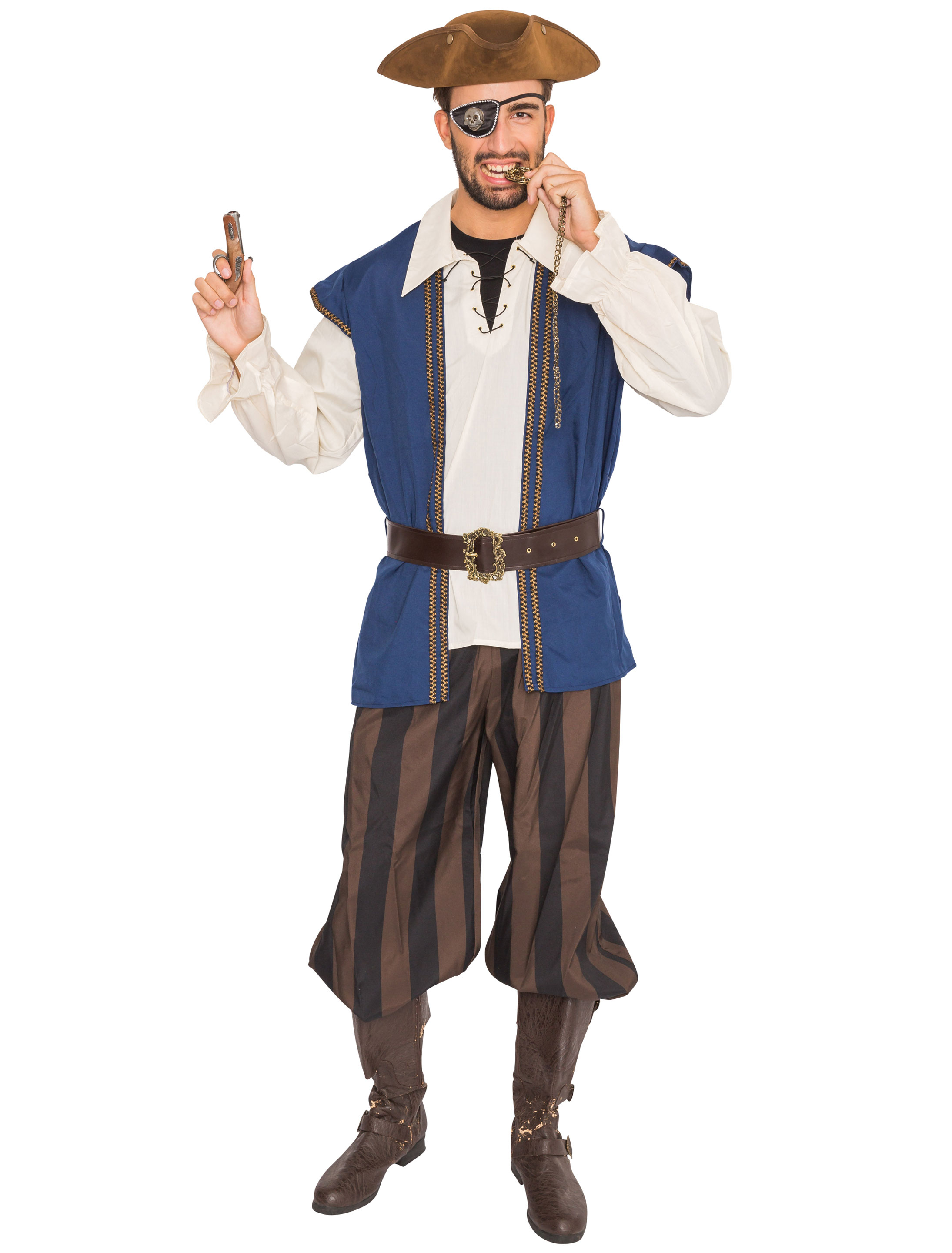 Piratenhemd mit Gürtel Herren weiß/blau 58