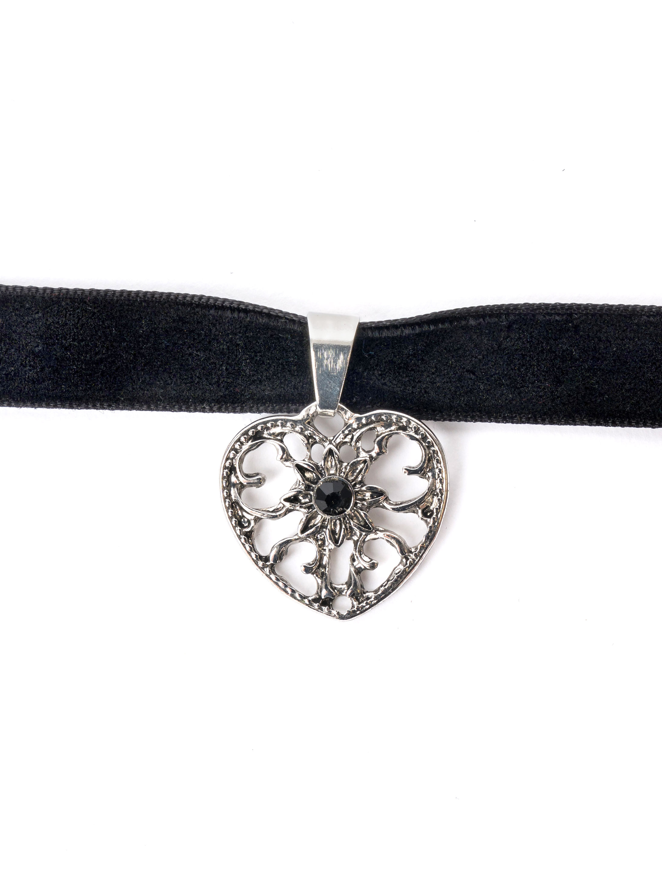 Kostümzubehör Halskette Edelweiß Herz mit Stein schwarz