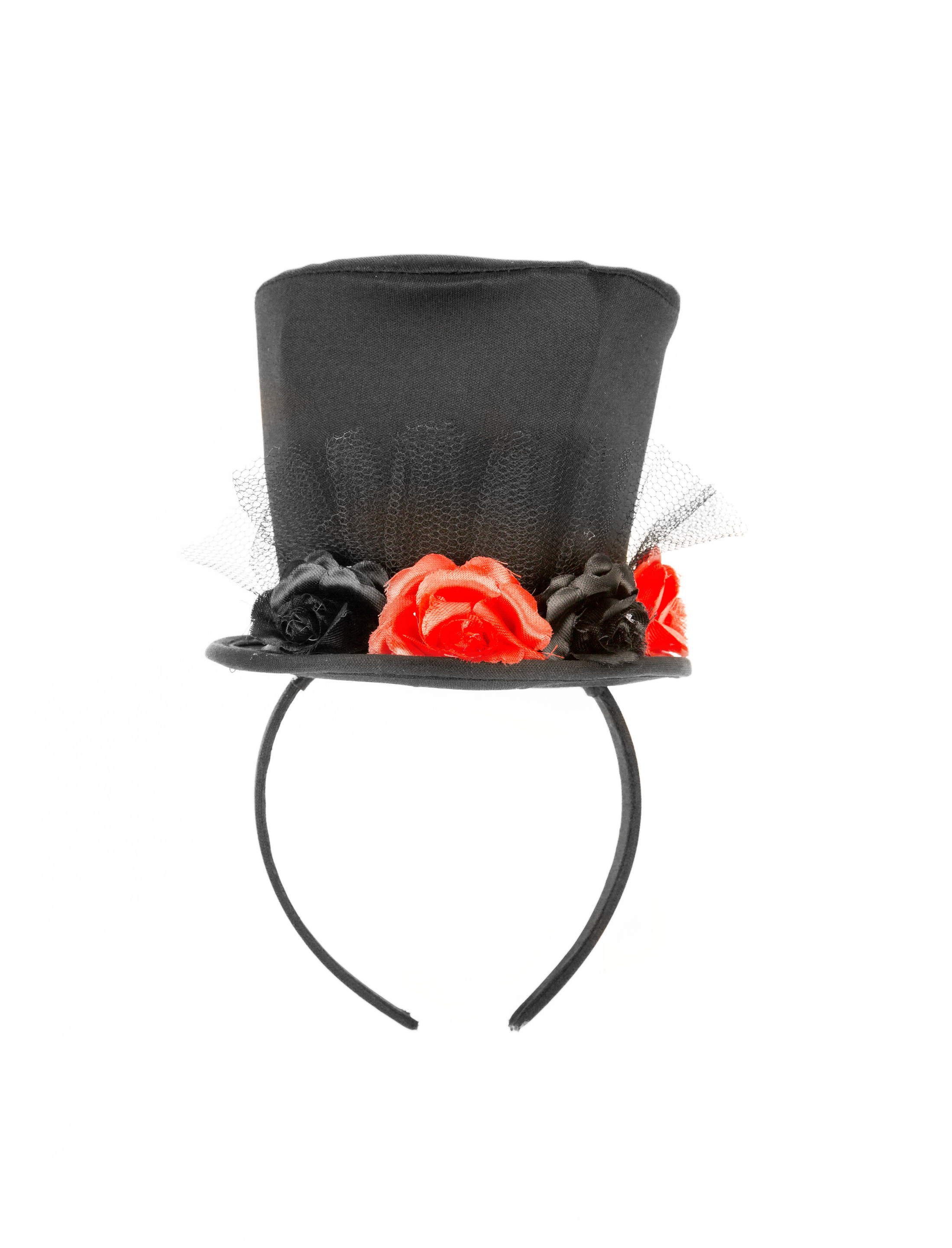 Kostümzubehör Haarreif Mini Zylinder schwarz mit roten Rosen