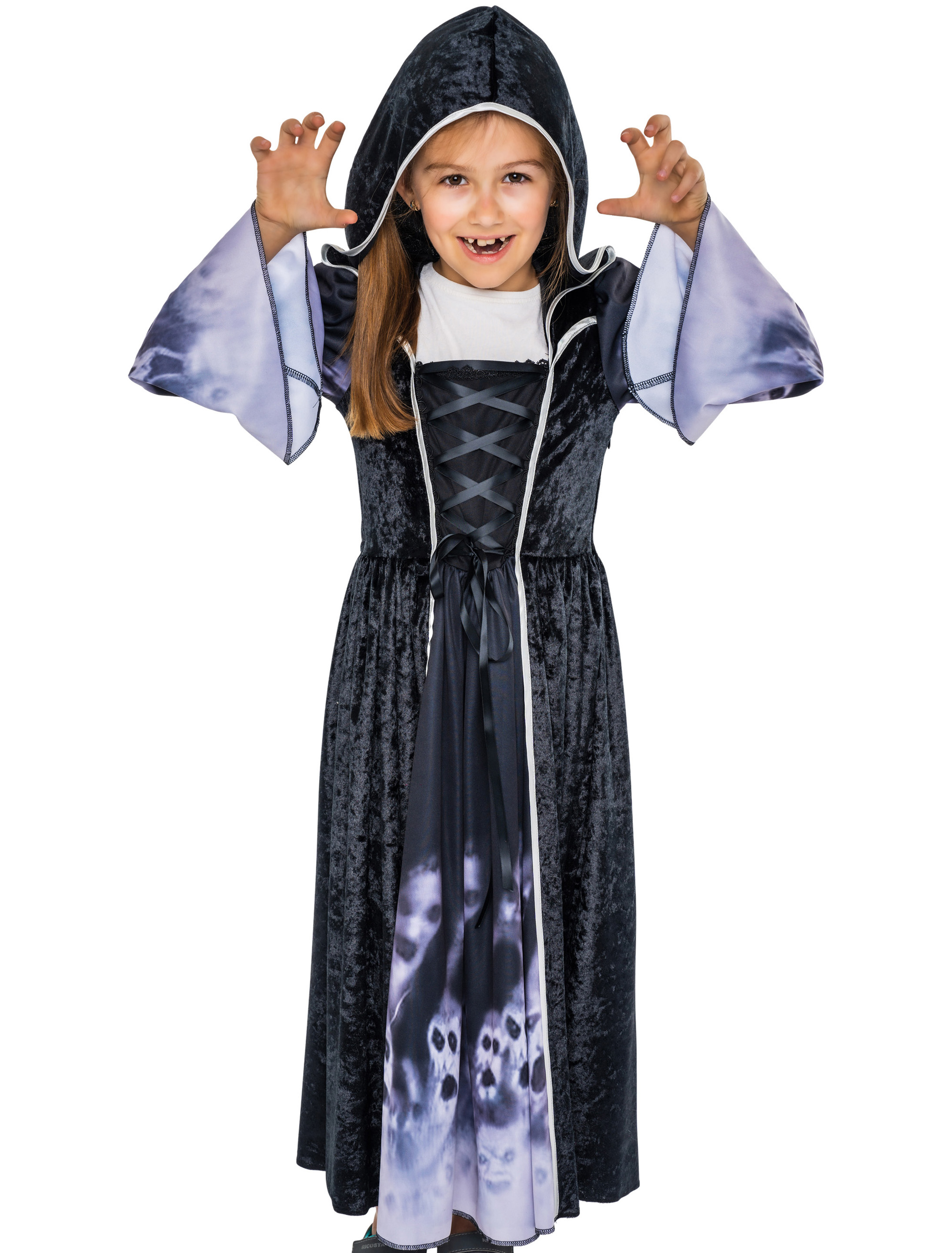 Kapuzenkleid mit Totenköpfen Mädchen schwarz 140