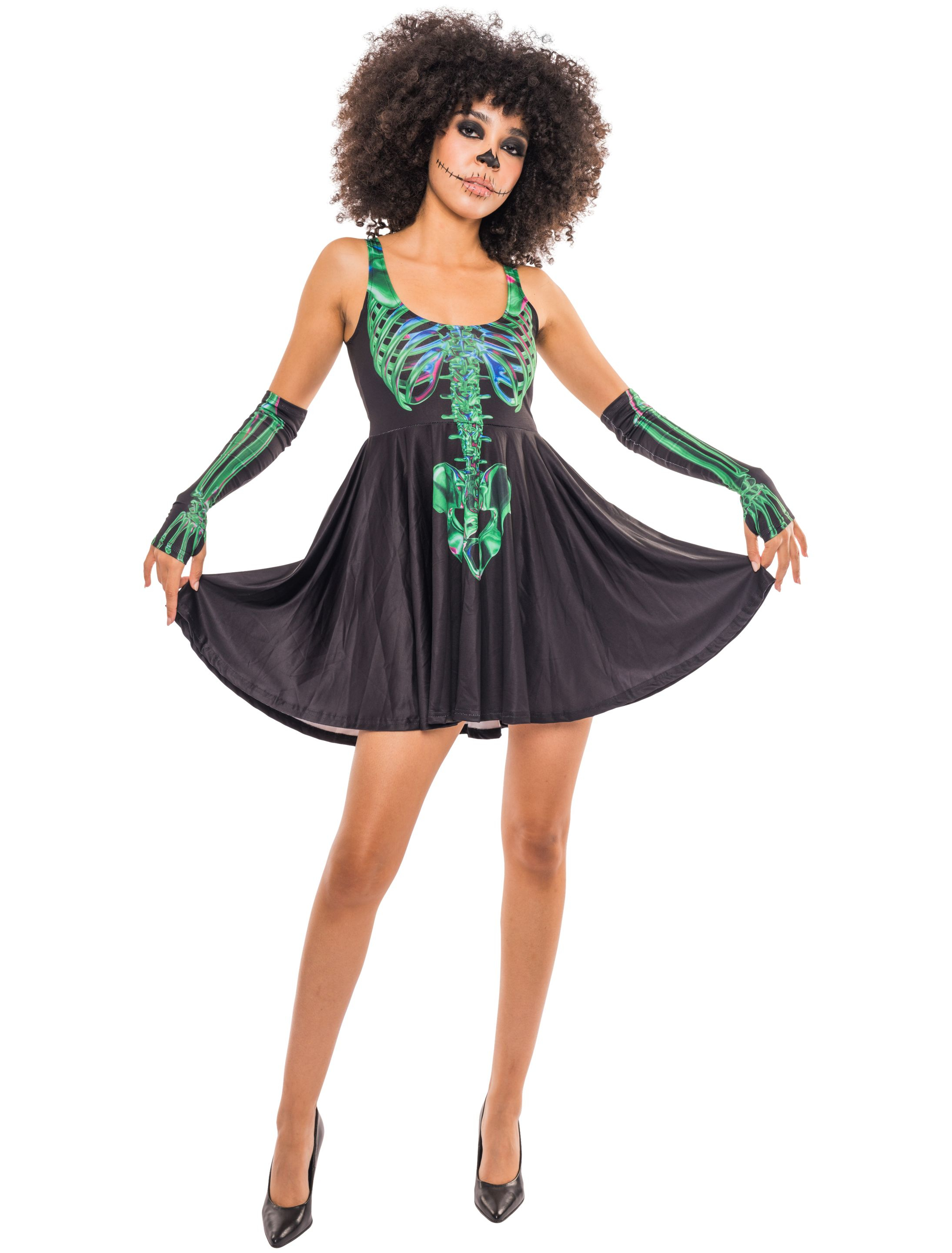Trägerkleid Skelett mit Armstulpen Damen schwarz/grün S/M