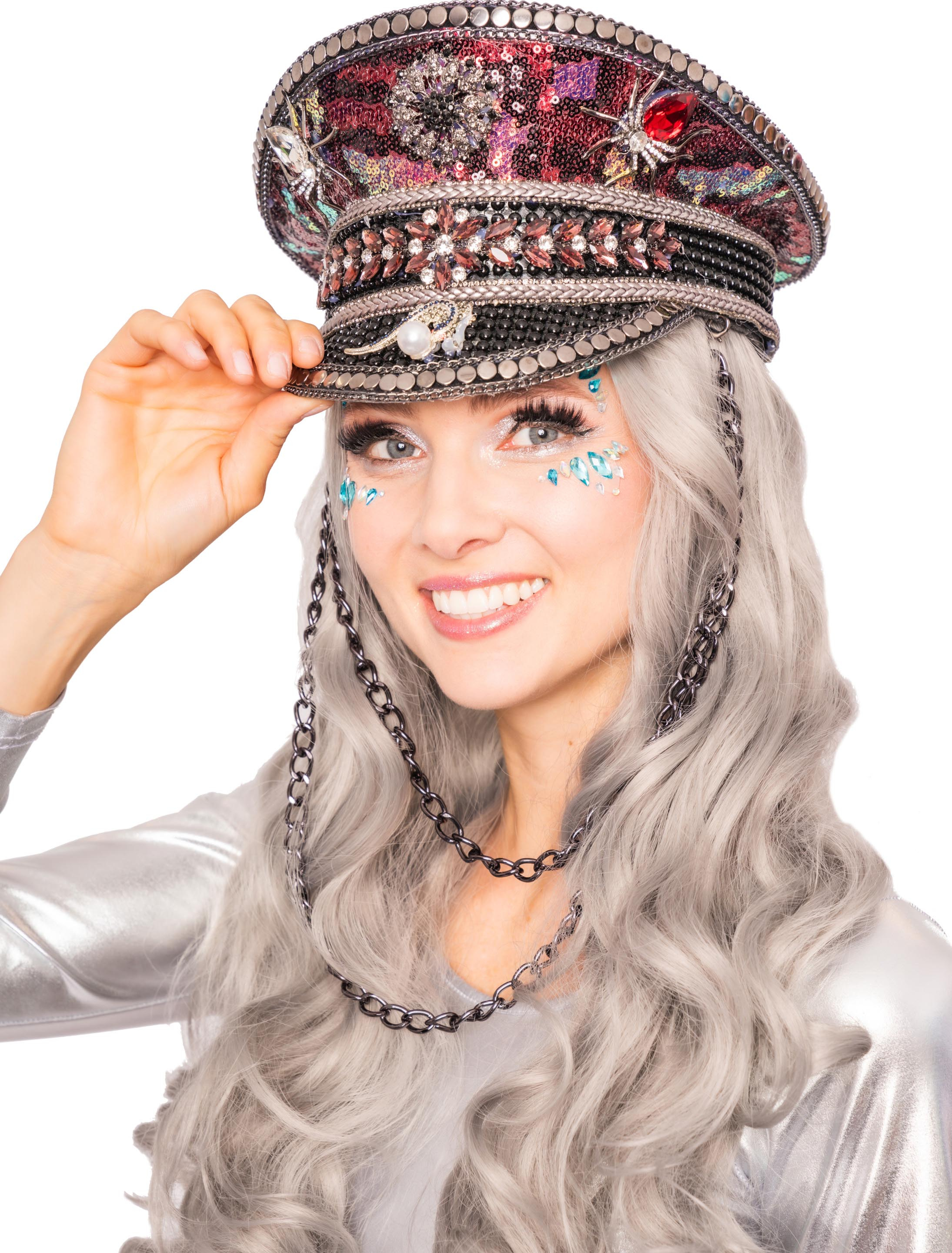 Kostümzubehör Kappe Pailletten schwarz mit Kette