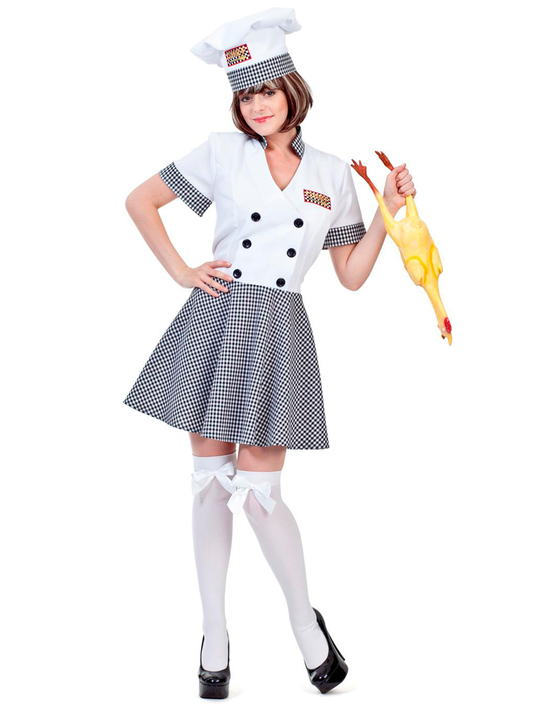 Kleid Köchin mit Mütze Damen schwarz/weiß L