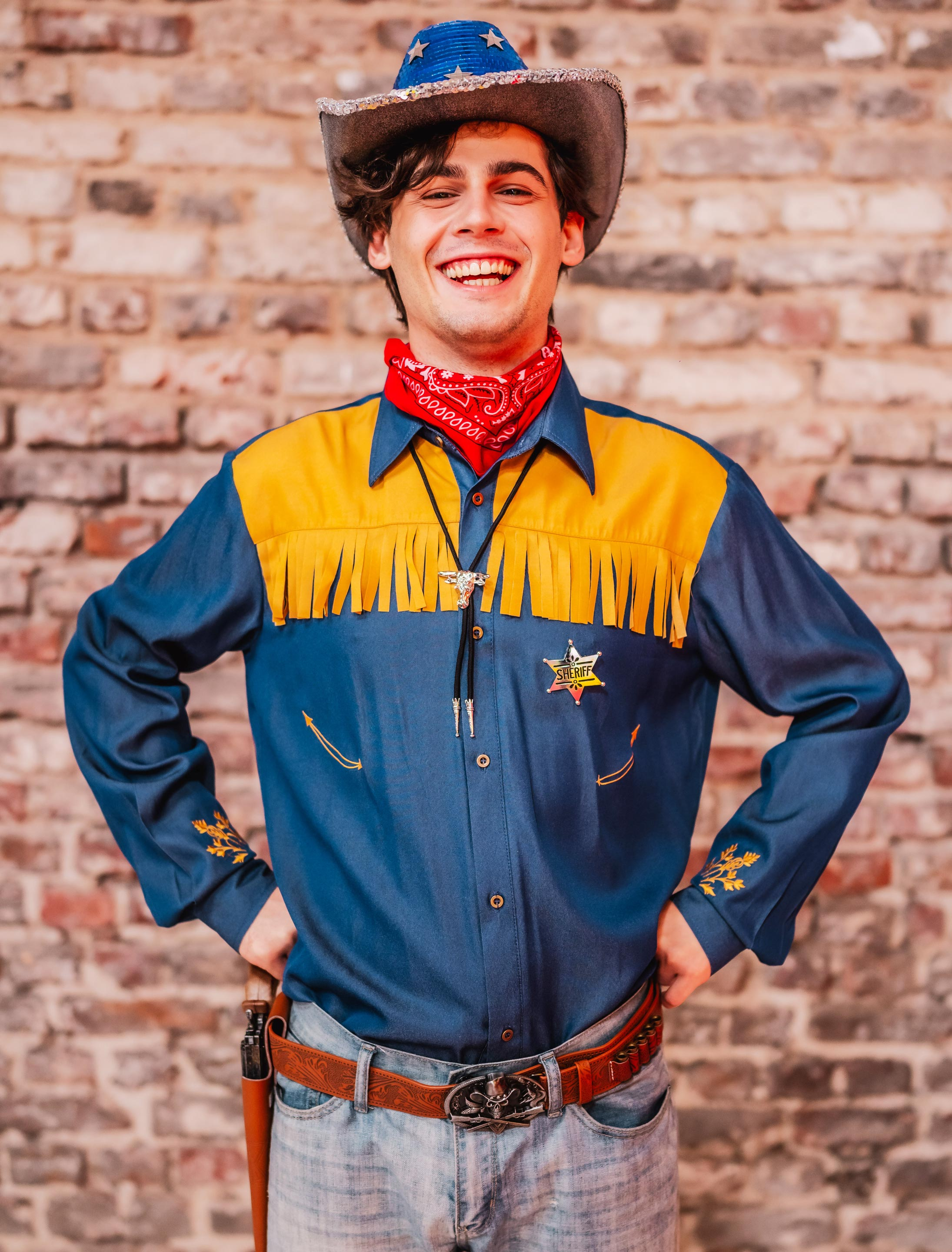 Hemd Jeans Cowboy mit Fransen Herren beige/blau 5XL