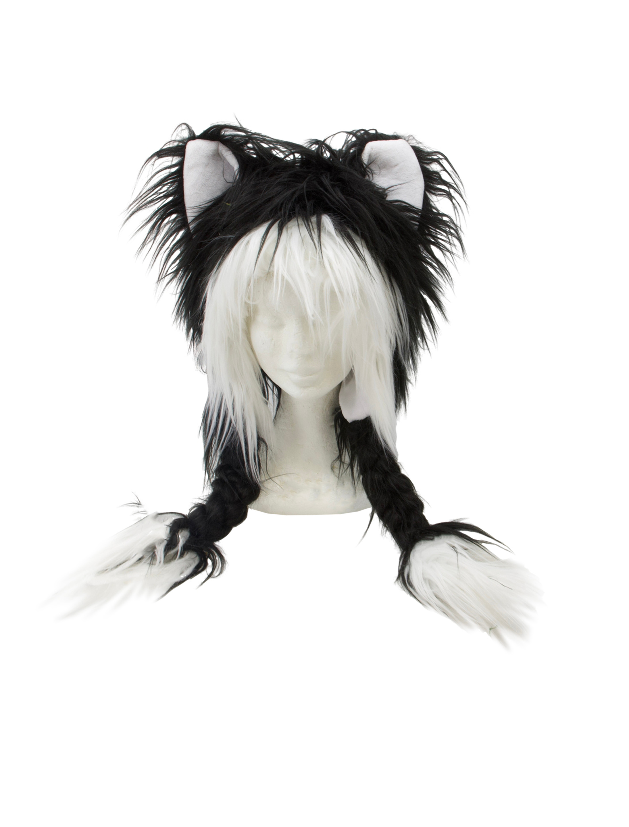 Kostümzubehör Mütze Katze mit geflochtenen Zöpfen schwarz/weiß one size