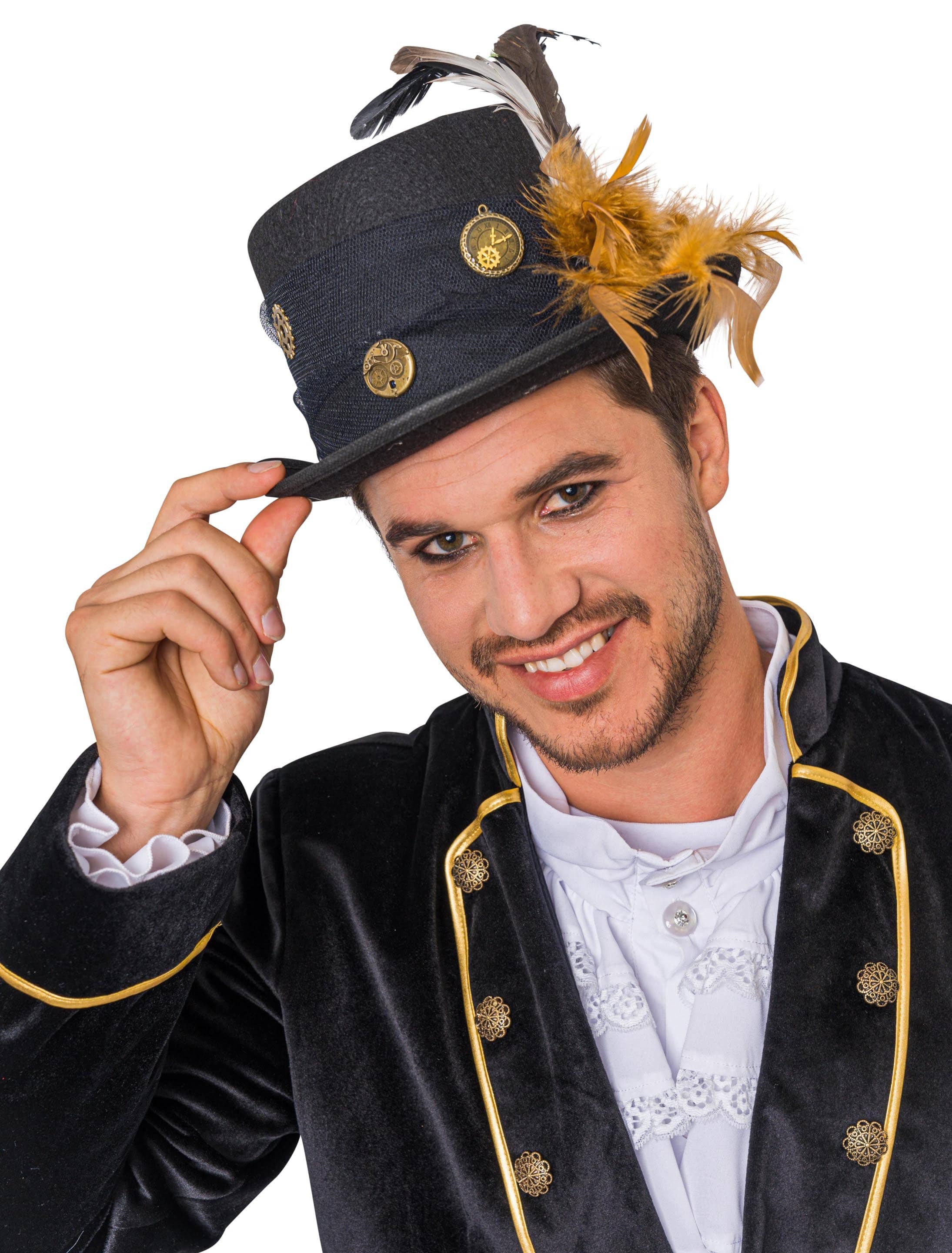 Kostümzubehör Zylinder Steampunk mit Federn und Zahnrädern schwarz 57