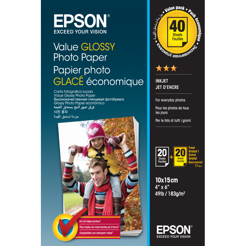 ORIGINAL Epson Papier Weiss C13S400044 Value Glossy Photo Papier Value Glossy Photo Papier, 10 x 15 cm, 183g/m², 2 x 20 Blatt, hochglanz