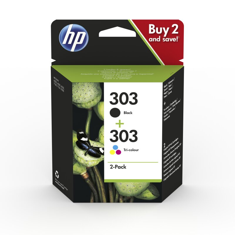 ORIGINAL HP Multipack Schwarz / mehrere Farben 3YM92AE 303 2 Tintenpatronen HP 303: T6N02AE + T6N01AE