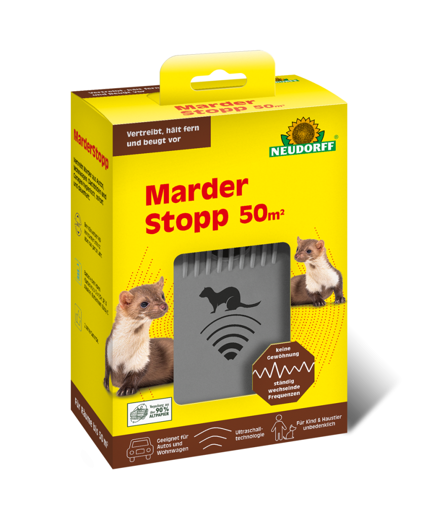 Neudorff MarderStopp 50 m² Ultraschall vertreibt Marder aus Garagen, Dachböden, Autos und Wohnmobilen