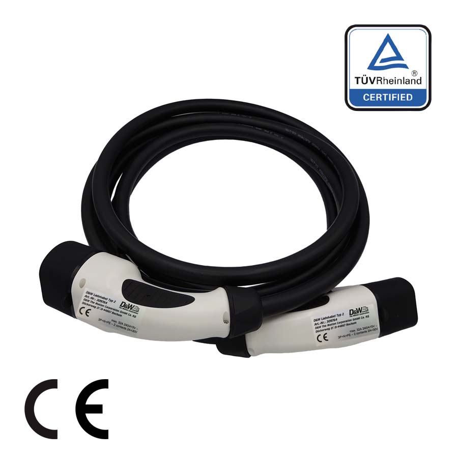 D&W KFZ-Ladekabel Typ 2 32A 22KW 3-Phasig f?r E-Fahrzeuge 3m - CE T?V Rheinland zertifiziert