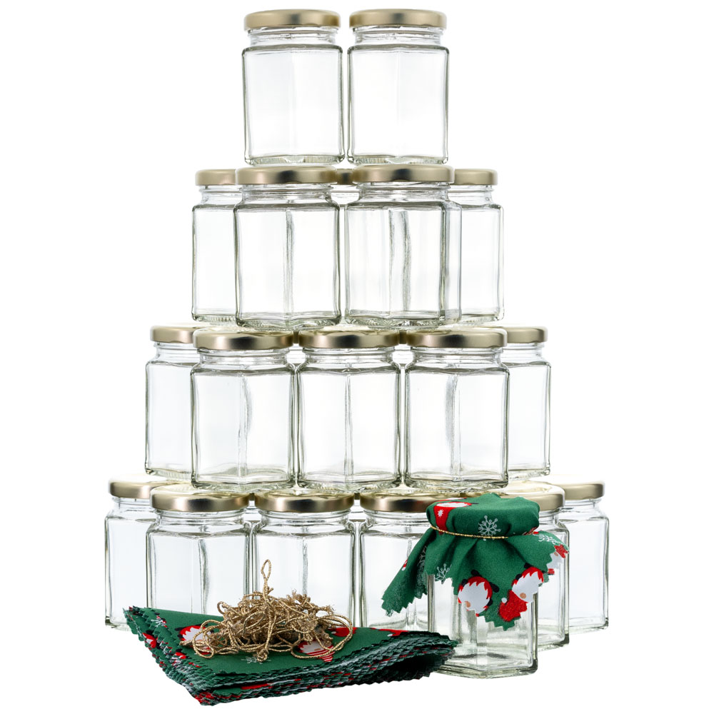 Adventskalender Set 24 x Sechskant Glas 116ml mit Deckel und Zubehör