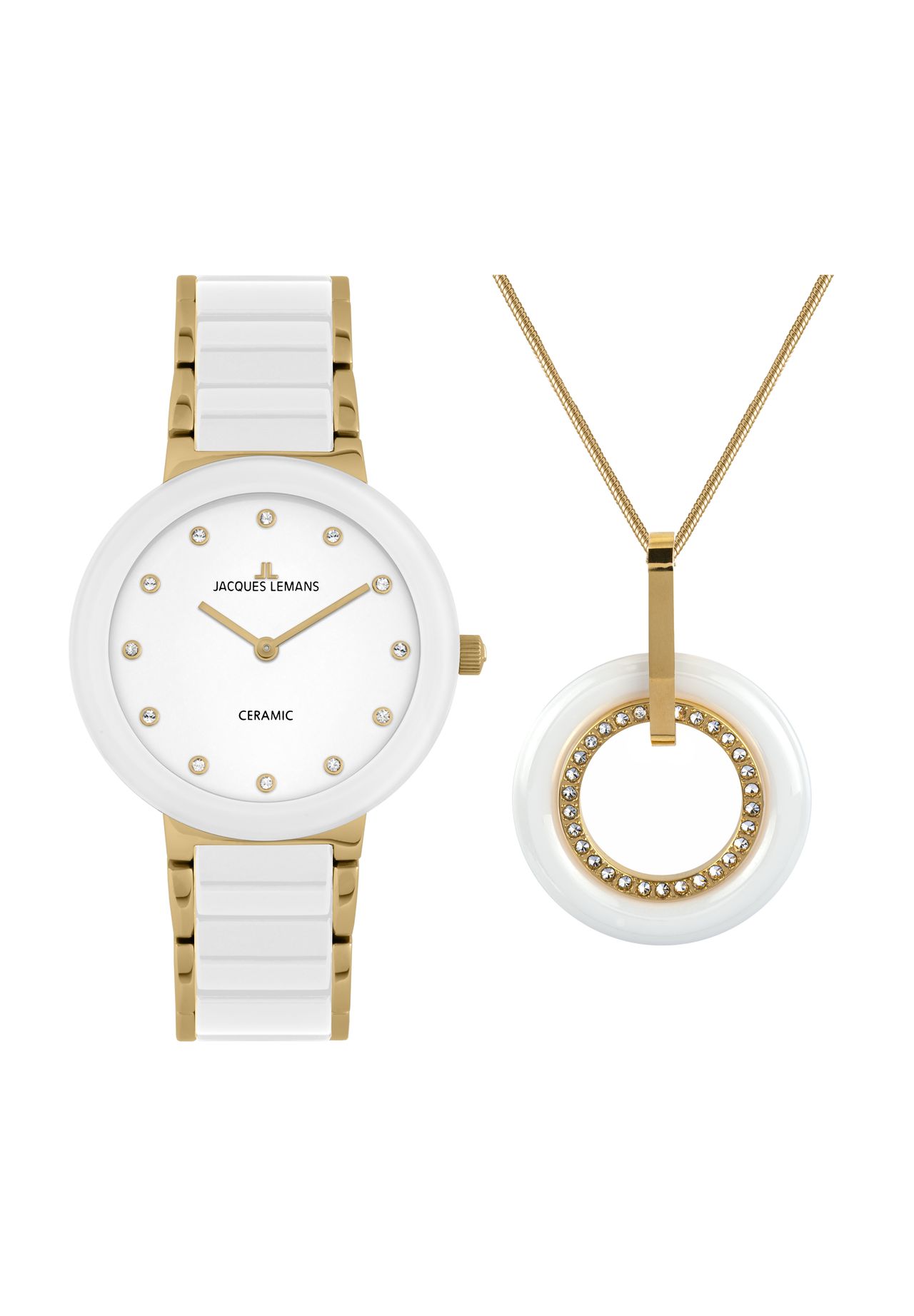 JACQUES LEMANS Damen Uhren-Set '42-7L-SET', Armbanduhr, Kette mit Anhänger, WEIß/GOLD, 99