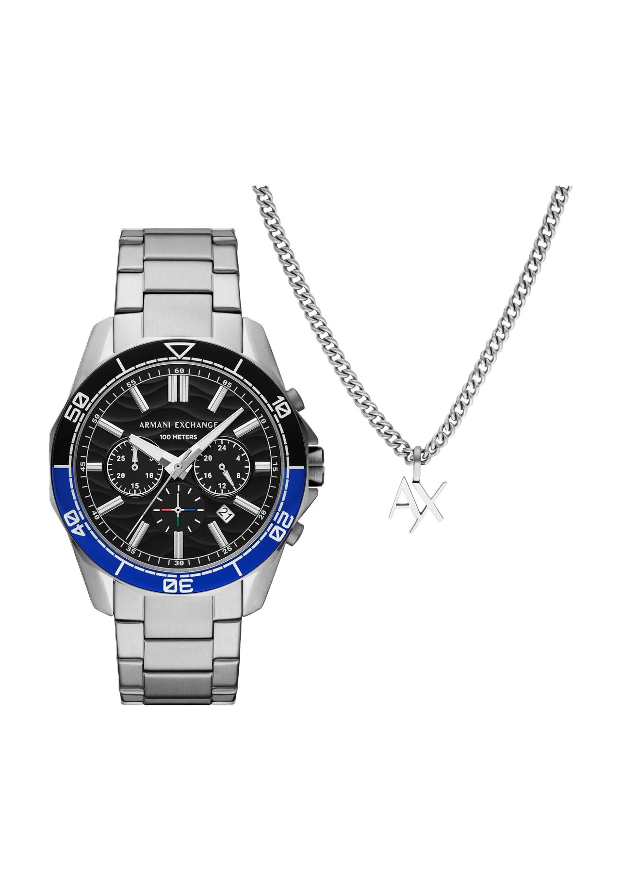 ARMANI EXCHANGE Herren Uhren-Set 'AX7166SET', Chronograph und Halskette, SILBER