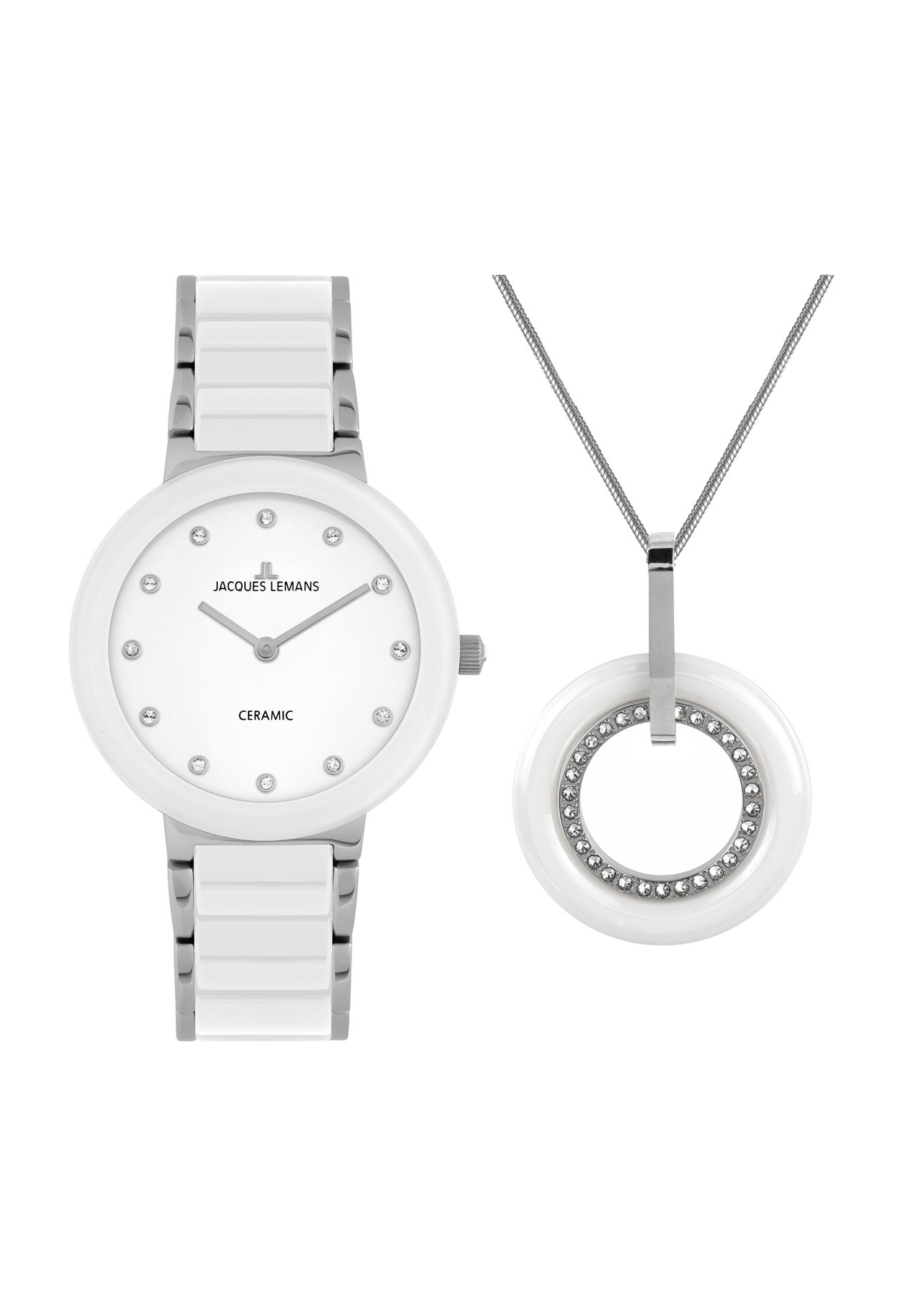JACQUES LEMANS Damen Uhren-Set, '42-7H-SET', Armbanduhr, Kette mit Anhänger, WEIß/SILBER, 99