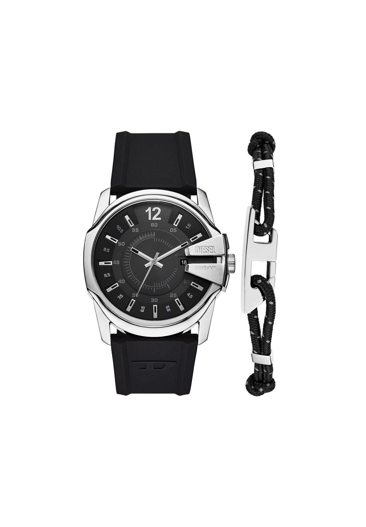 DIESEL® Diesel Herrenset Uhr Master Chief 3-Zeiger-Werk Datum Silikon schwarz und Kordelband, DZ4700SET, Silber, 99