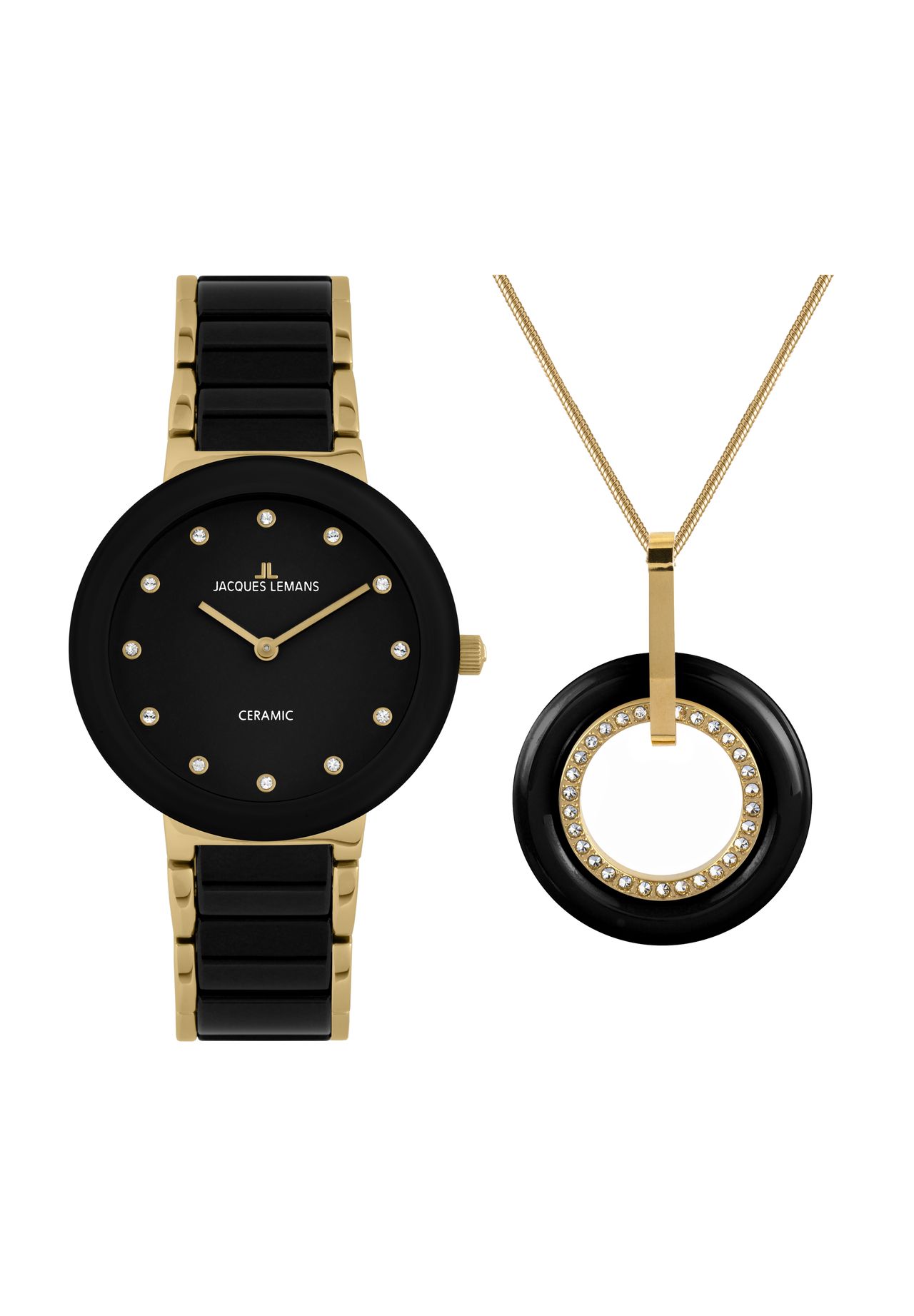 JACQUES LEMANS Damen Uhren-Set '42-7K-SET', Armbanduhr, Kette mit Anhänger, SCHWARZ/GOLD, 99
