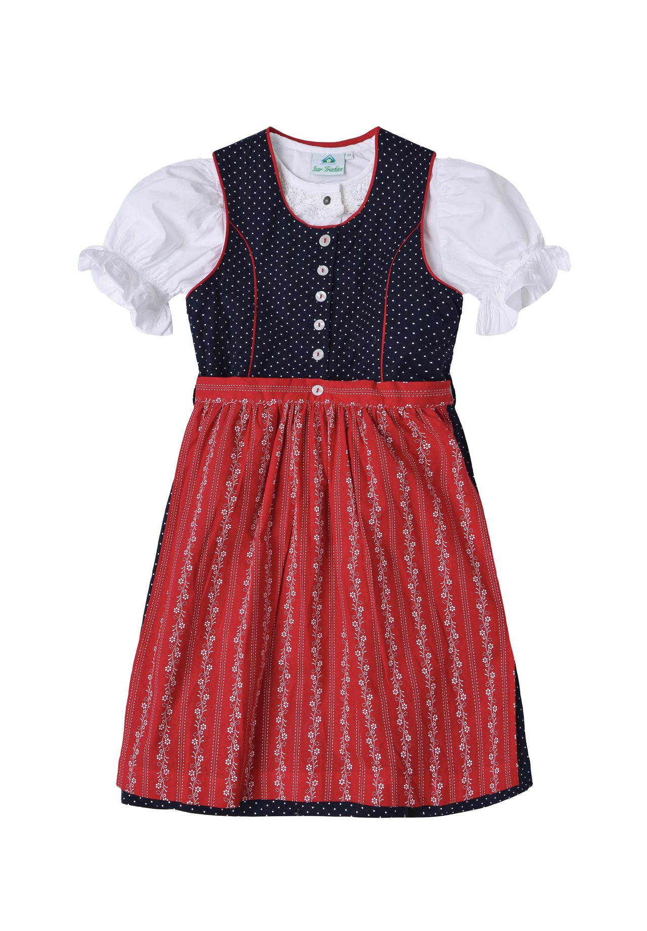 Isar Trachten Dirndl, Knopfleiste, für Kinder, blau|rot|weiß, 104