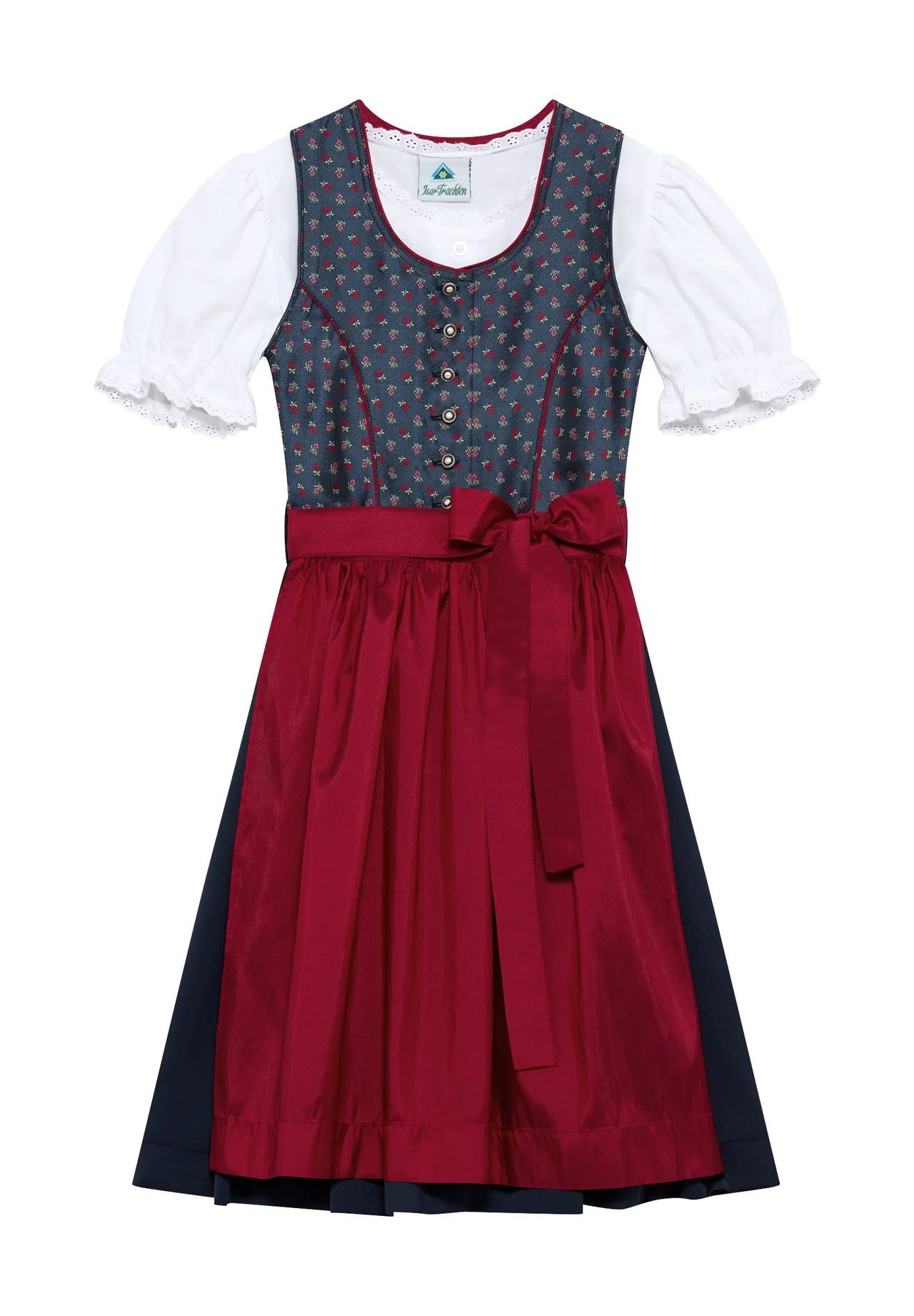 Isar Trachten Dirndl, Schürze, Knopfleiste, für Kinder, blau|rot, 116