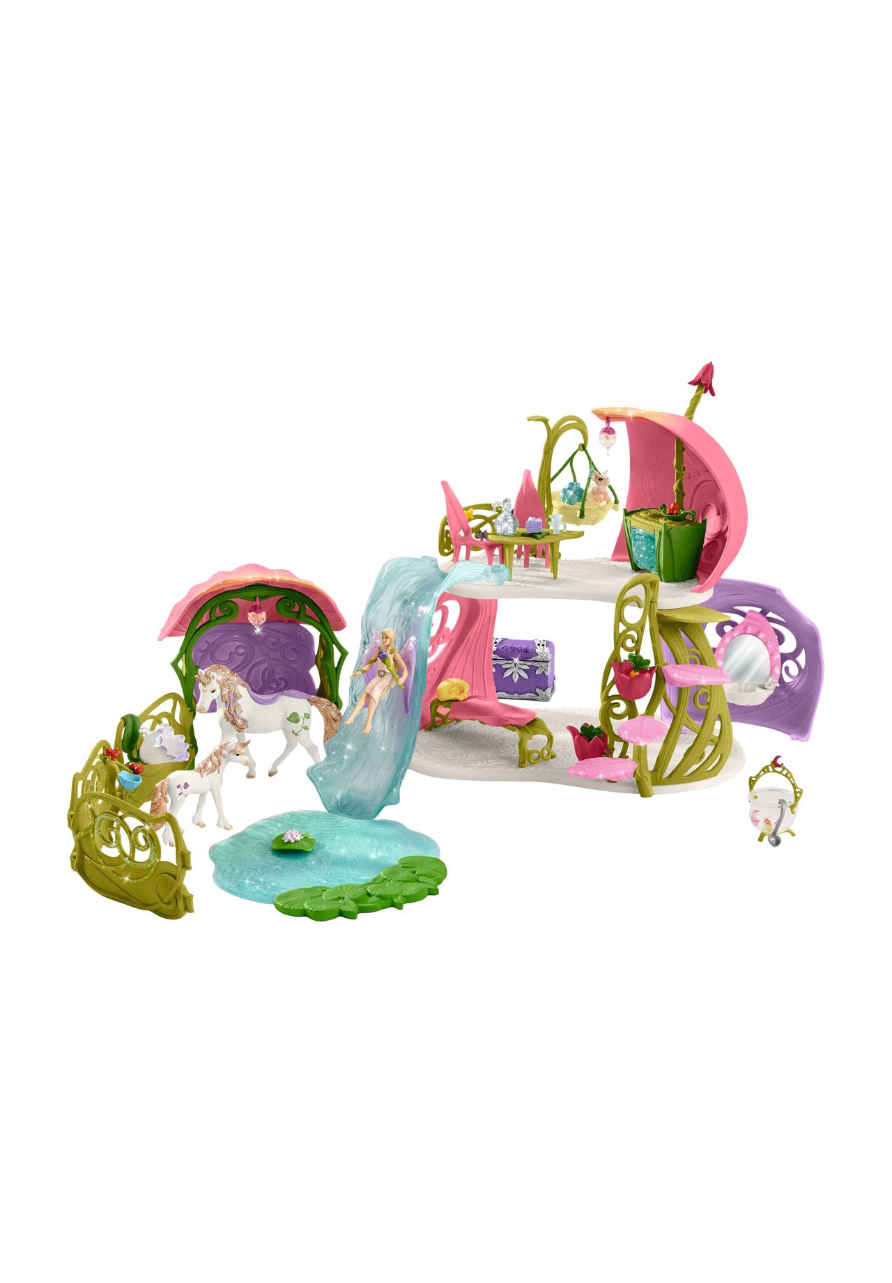 schleich® bayala® - Glitzerndes Blütenhaus mit Einhörnern, See und Stall 42445