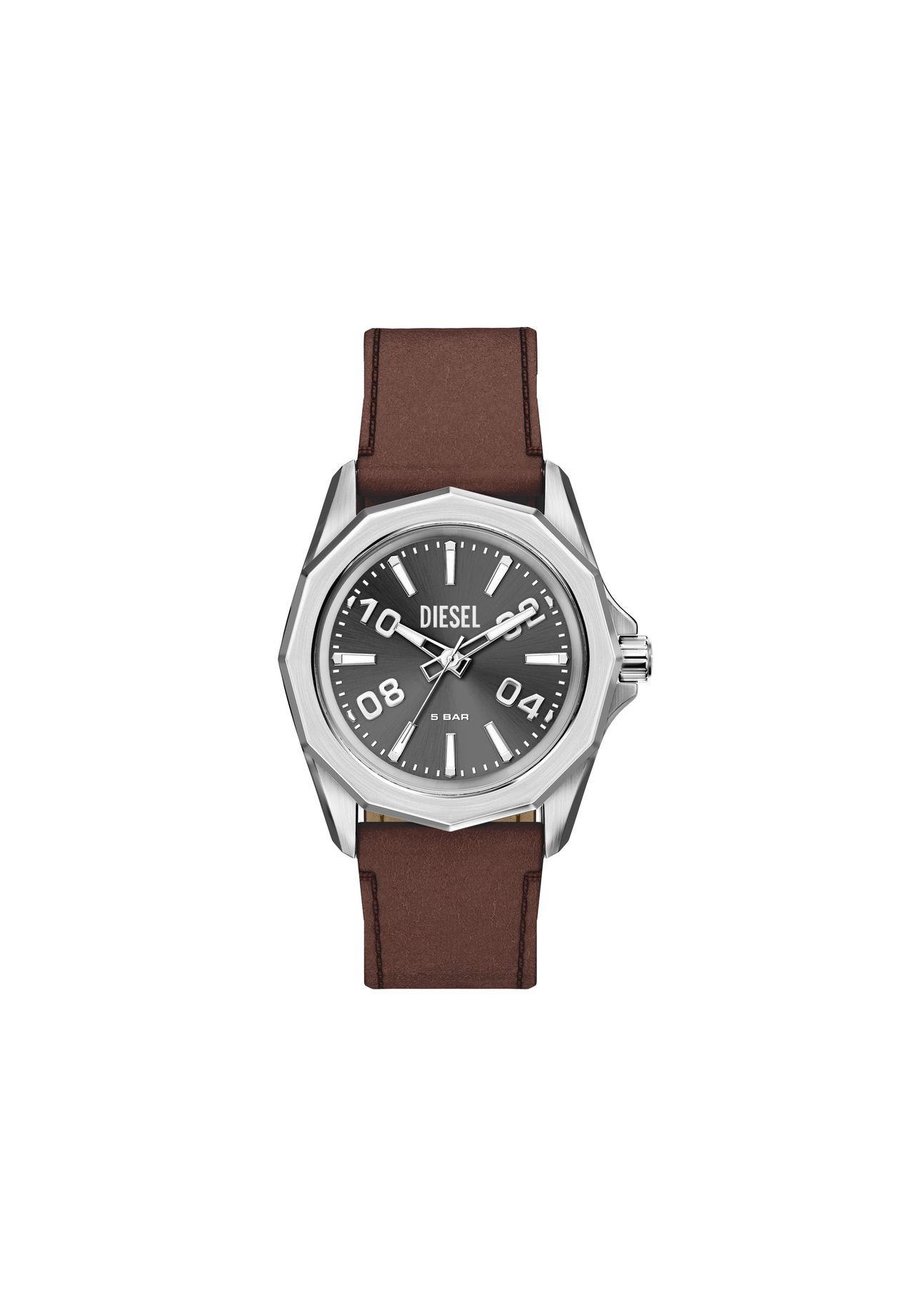 DIESEL® Diesel Herrenuhr Stinger mit drei Zeigern, braunes Lederarmband, DZ2240, Silber, 99
