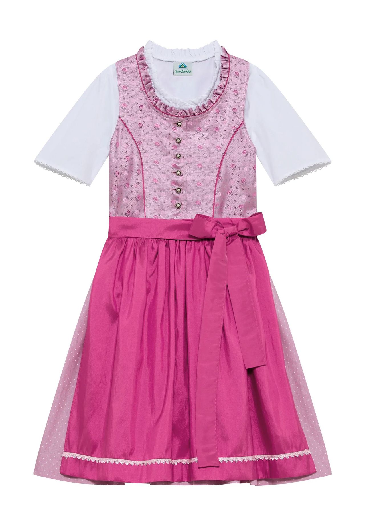 Isar Trachten Dirndl, Bindegürtel, Schürze, für Kinder, pink|weiß, 122