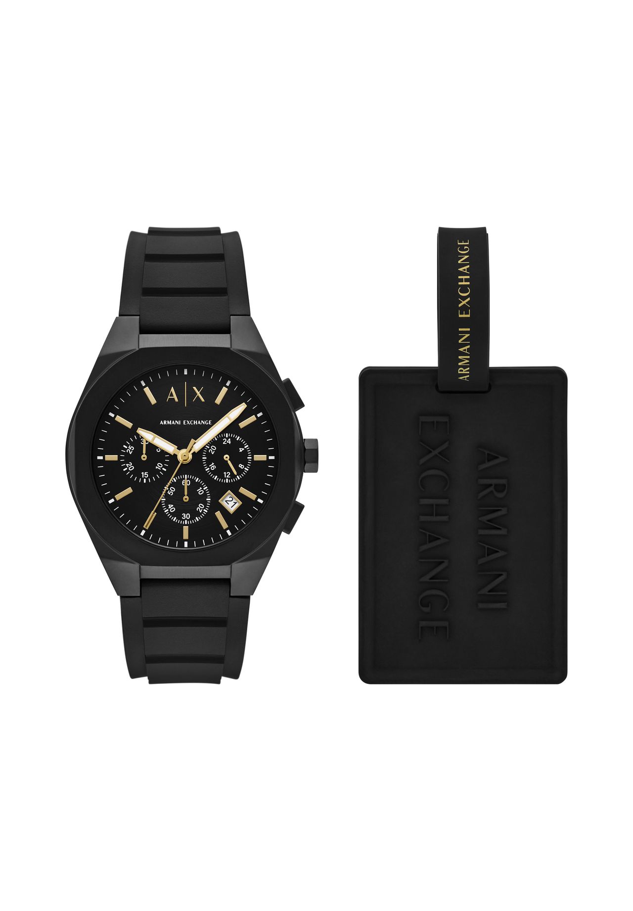 ARMANI EXCHANGE Herren Uhren-Set 'AX7165SET', Chronograph und Gepäckanhänger, SCHWARZ