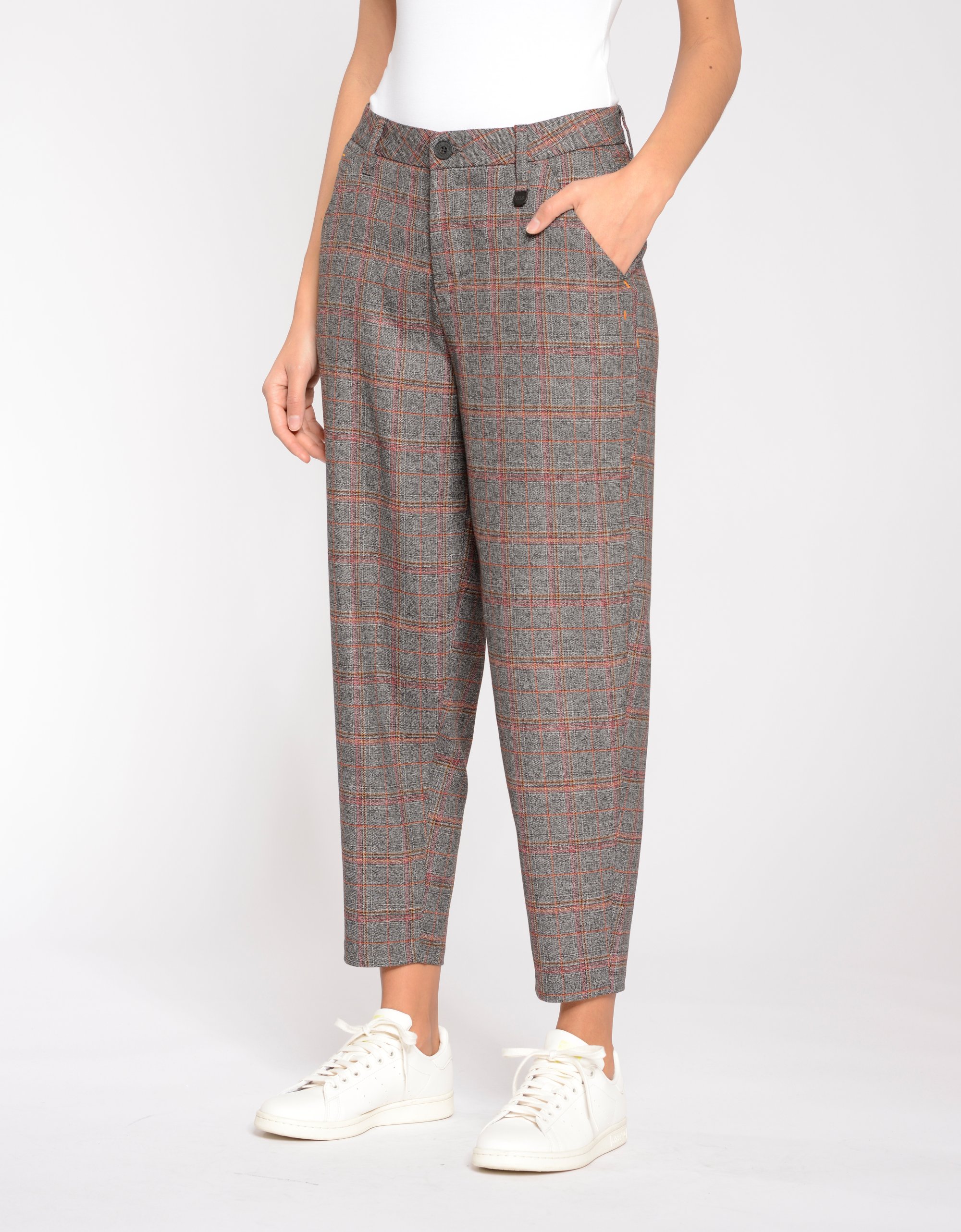 GANG Damen Hosen 94ANTONIA CROPPED - balloon fit Hose grey/orange glencheck