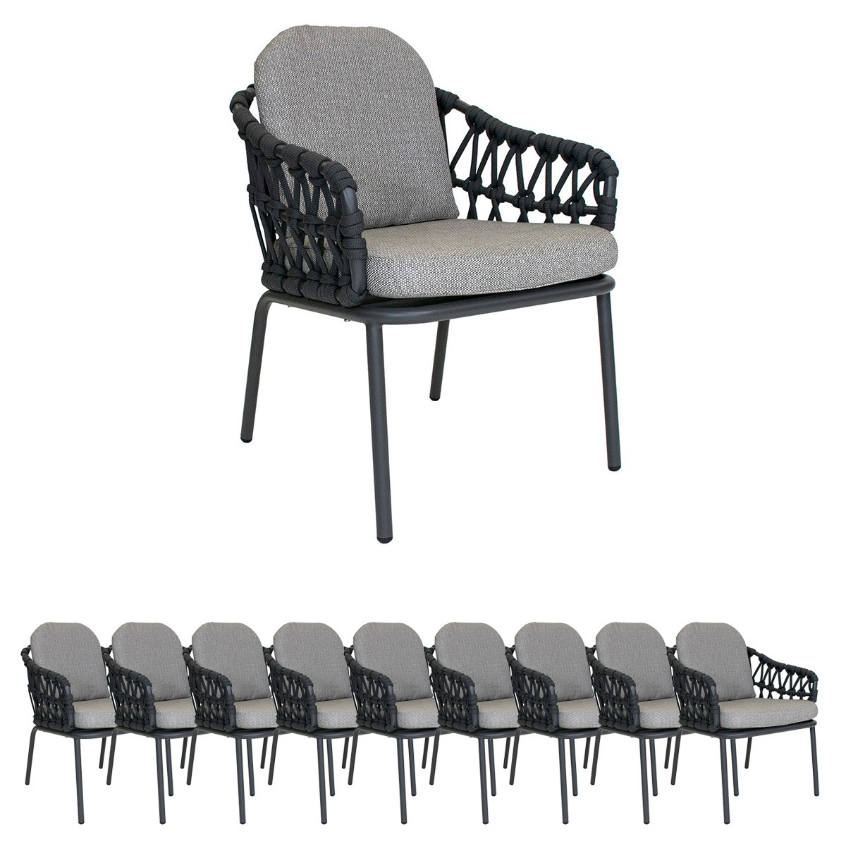 10x Gartenstühle Set Lola Lisbon Rope Sessel Aluminium Graphite/ Rope Carbon/ Kissen Pepper Sunproof®