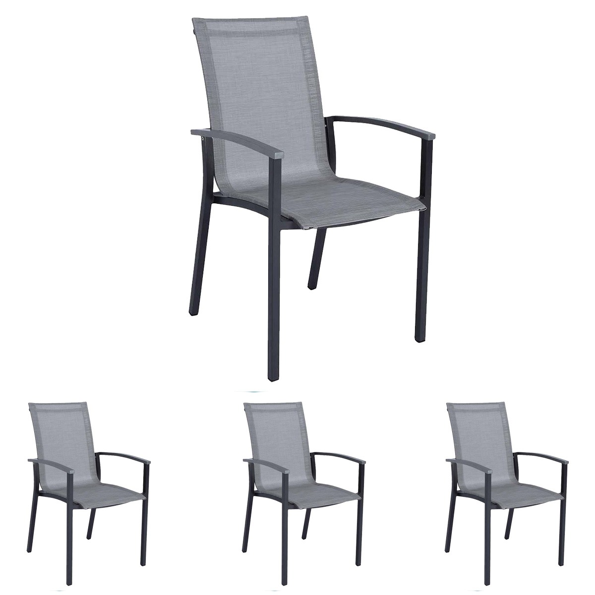 4x Stern Evoee Stapelsessel anthrazit mit Textilenbezug silber und Aluminiumarmlehnen graphit