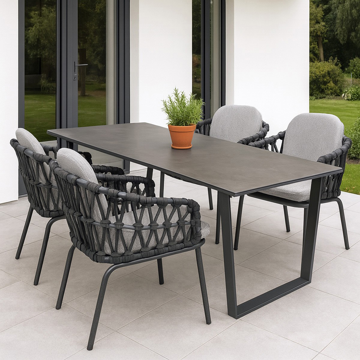 Lola 4x Lisbon Rope Sessel Alu Graphite Rope Carbon Kissen Pepper mit Kufentisch Edelstahl dark grey 200x99.5x75cm Dekor beton dunkel