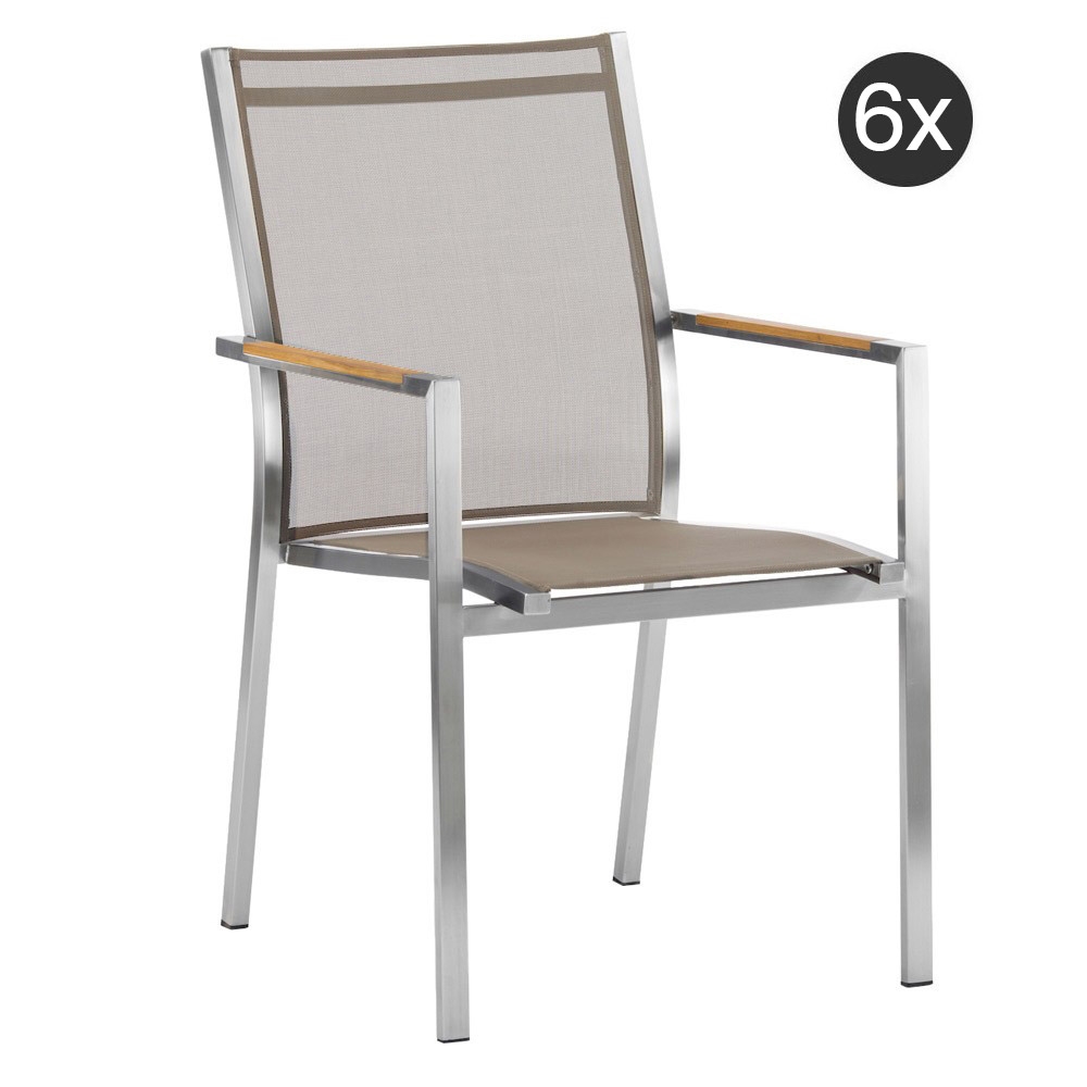 6x Zebra Stapelsessel One taupe, Gestell Edelstahl gebürstet und Textilen taupe mit Teakarmlehnen