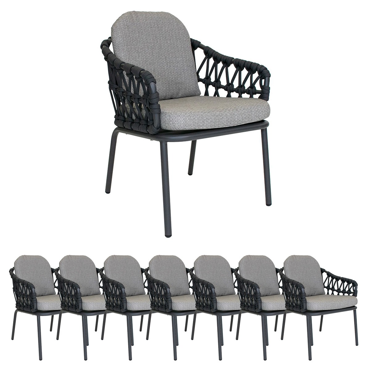 8x Gartenstühle Set Lola Lisbon Rope Sessel Aluminium Graphite/ Rope Carbon/ Kissen Pepper Sunproof®