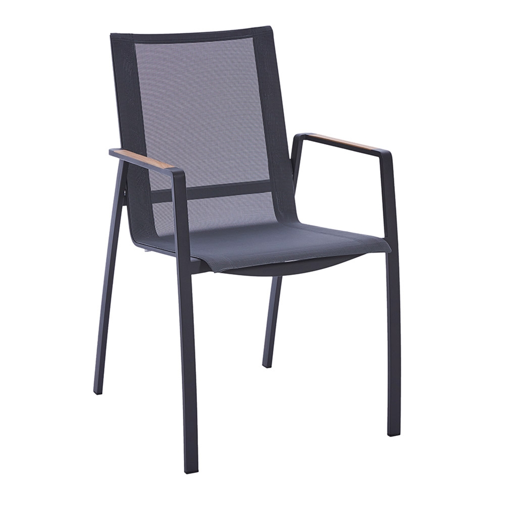 Diamond Garden Valencia Stapelstuhl - Edelstahl-Dunkelgrau/Sunproof Sling-Schwarz/Silber/Armlehne Teak