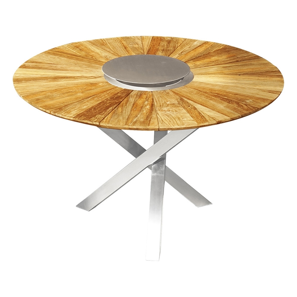 Zebra Oryx Tisch 120cm aus Edelstahl und recyceltem Teakholz, 3-Bein, Schweizer Kante