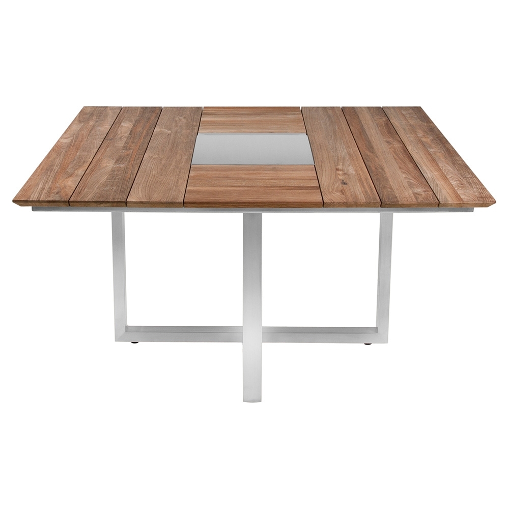 Zebra Quadux Tisch 140x140x75 aus Edelstahl und recycelt Teak mit Schweizer Kante