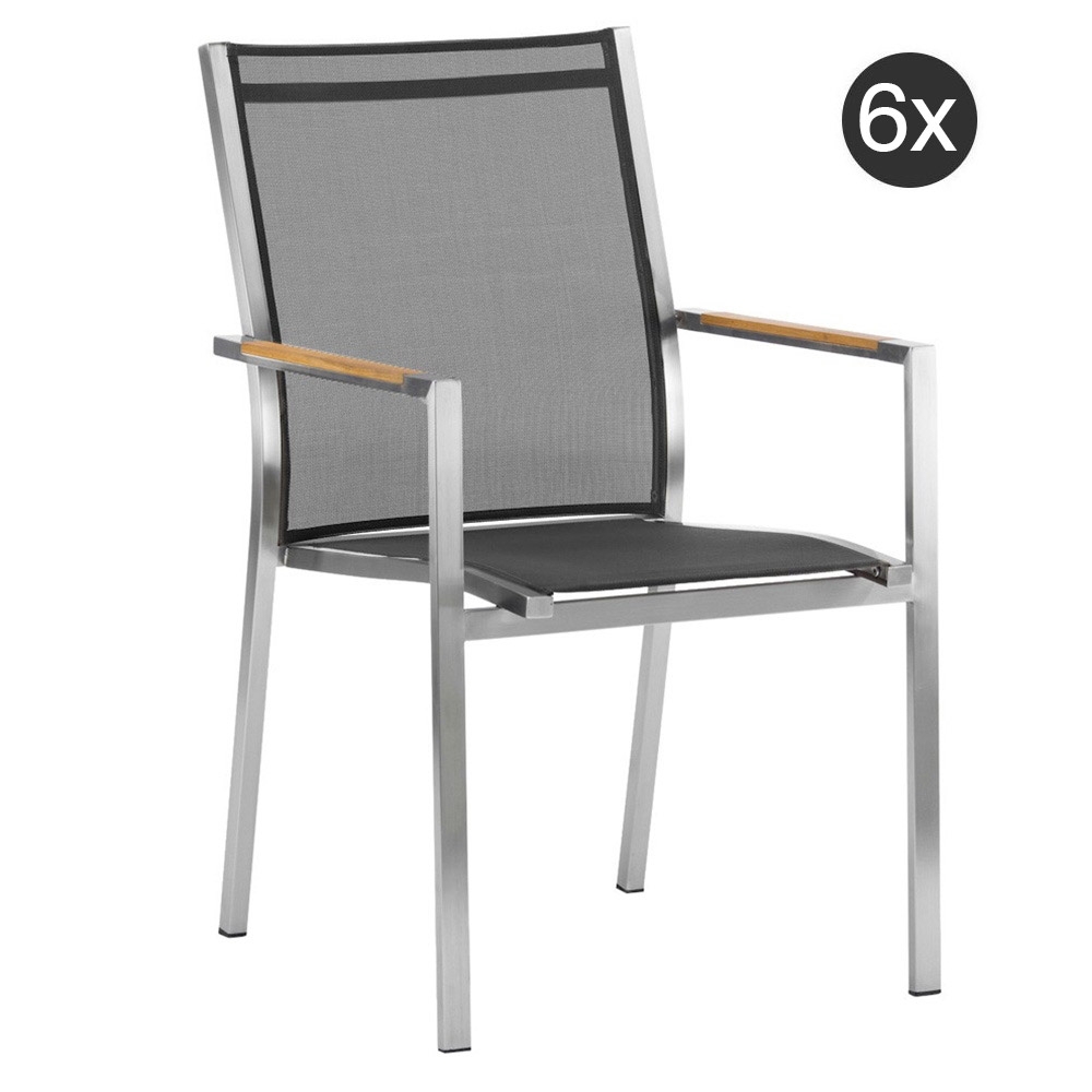 6x ZEBRA Stapelsessel One dark grey, Gestell Edelstahl gebürstet und Textilen mit Teakarmlehnen
