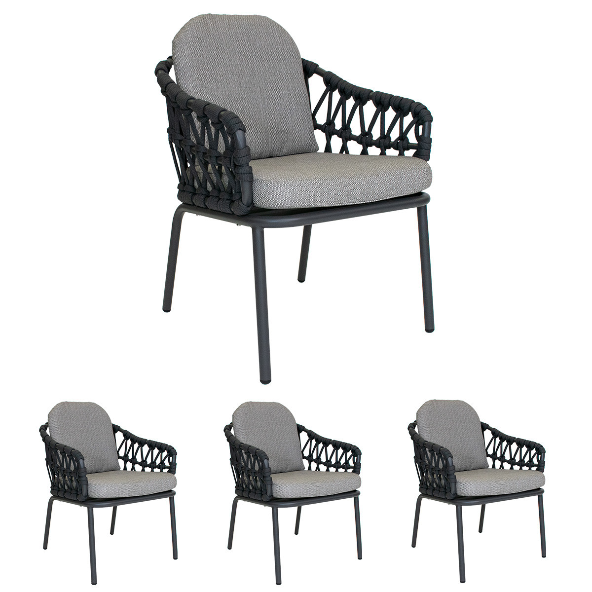 Lola 4x Lisbon Rope Sessel Aluminium Graphite/ Rope Carbon/ Kissen Pepper Sunproof®